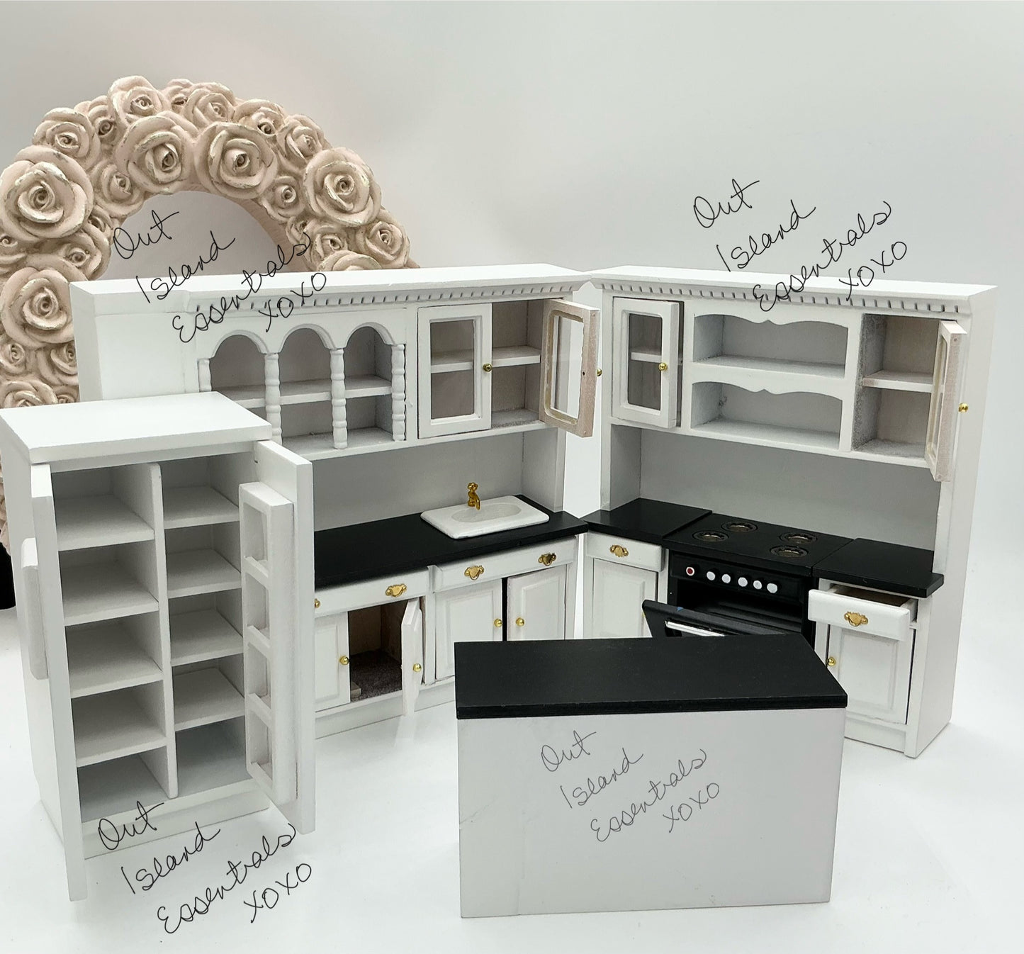 Dollhouse Miniature Complete Kitchen, Black And White Dollhouse Kitchen 1:12 Scale