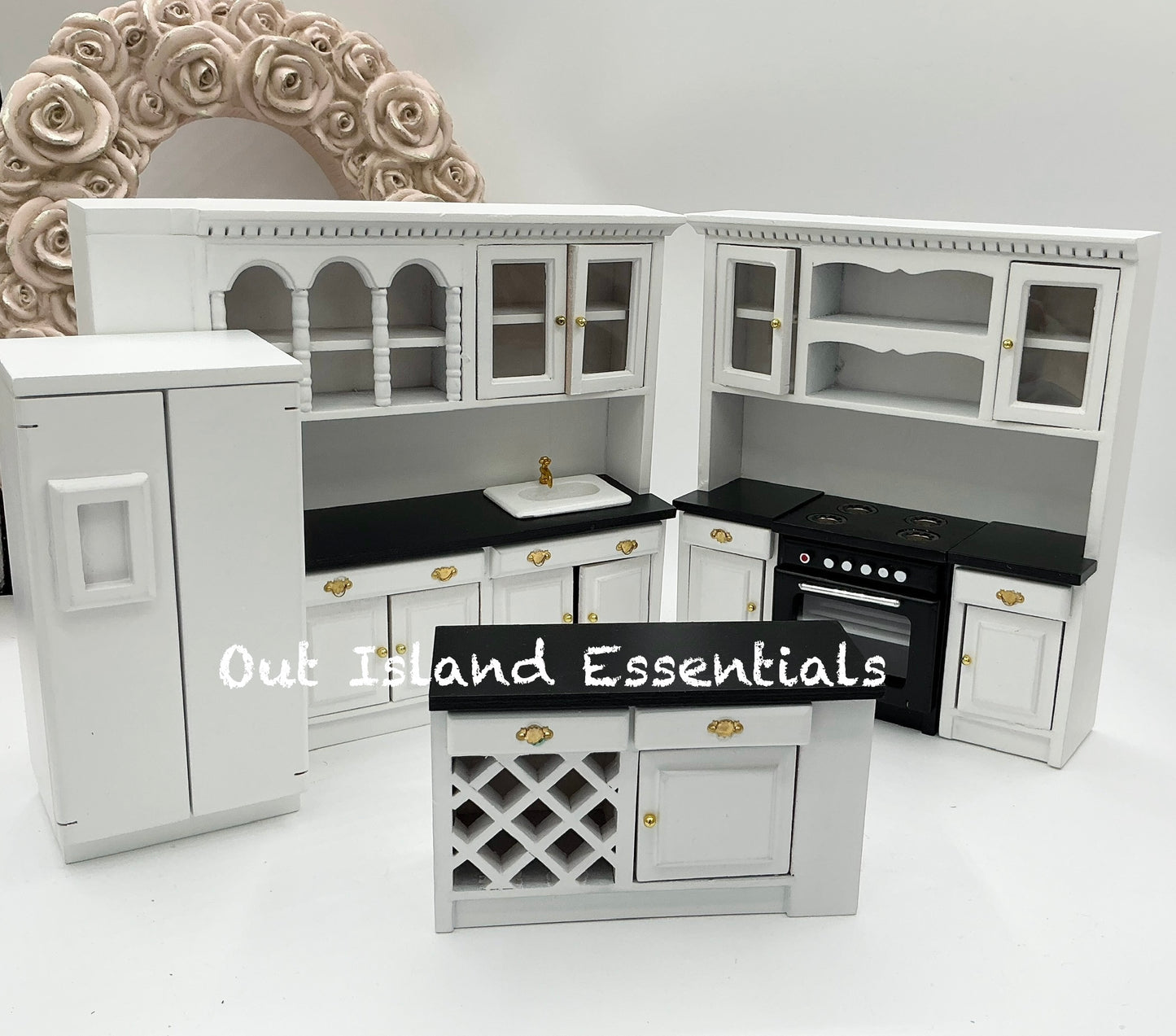 Dollhouse Miniature Complete Kitchen, Black And White Dollhouse Kitchen 1:12 Scale