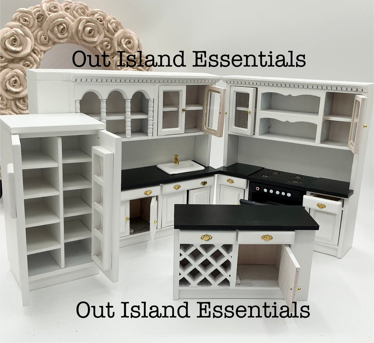 Dollhouse Miniature Complete Kitchen, Black And White Dollhouse Kitchen 1:12 Scale