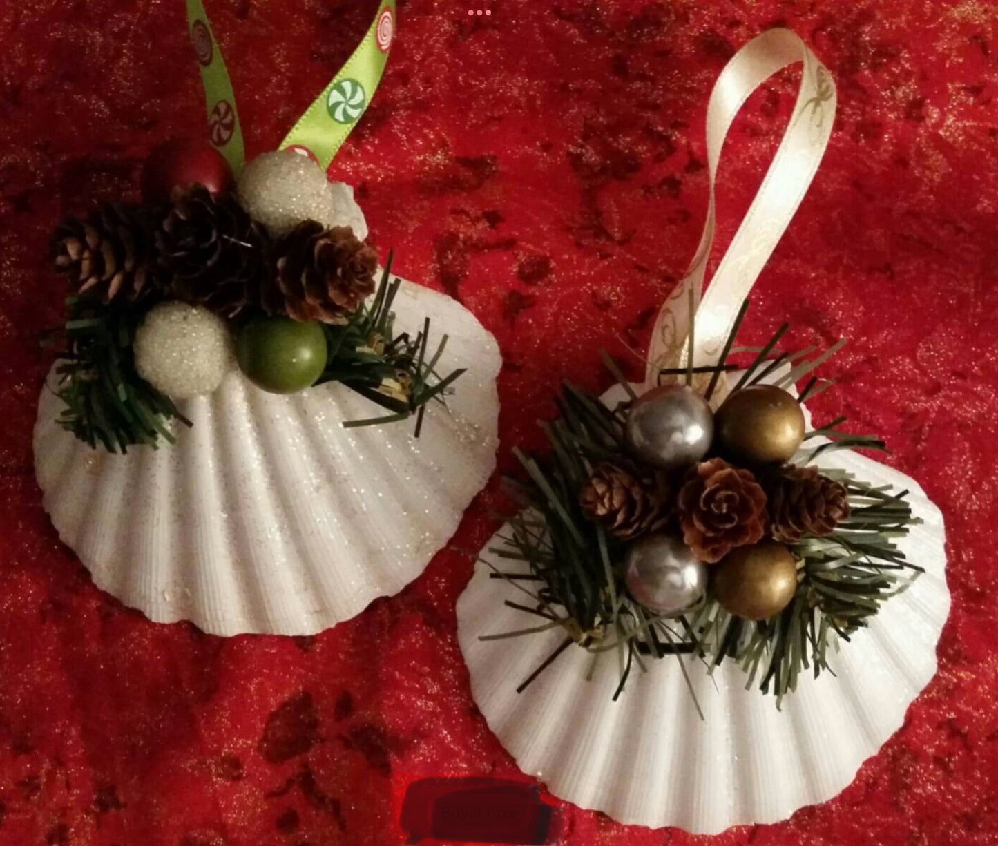 Clam Shell With Island Straw Christmas Ornament I Coastal Christmas Ornament I Scallop Clam With Silver Palm Bow Ornament I Seashell Christmas Ornament