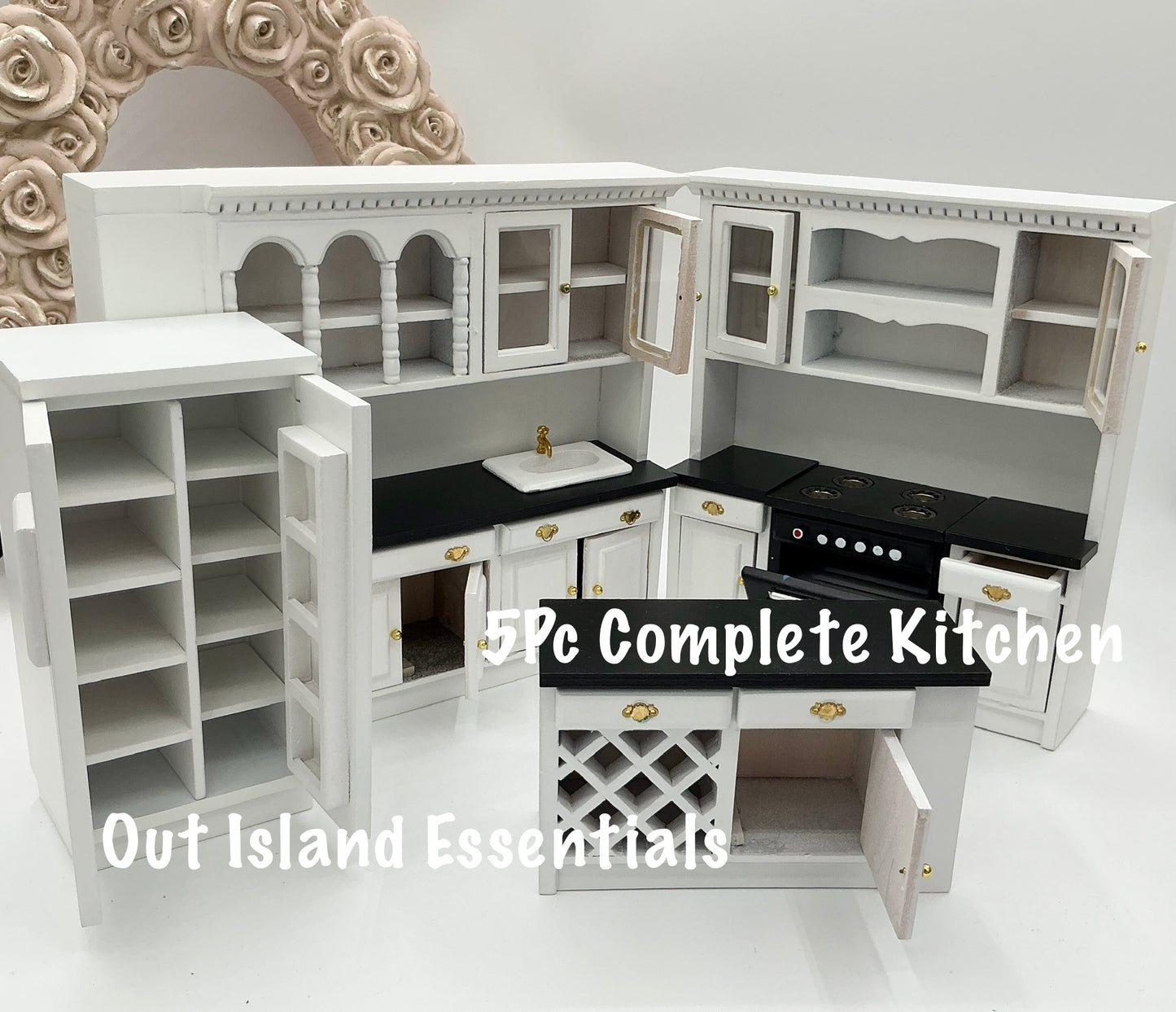Dollhouse Miniature Complete Kitchen, Black And White Dollhouse Kitchen 1:12 Scale