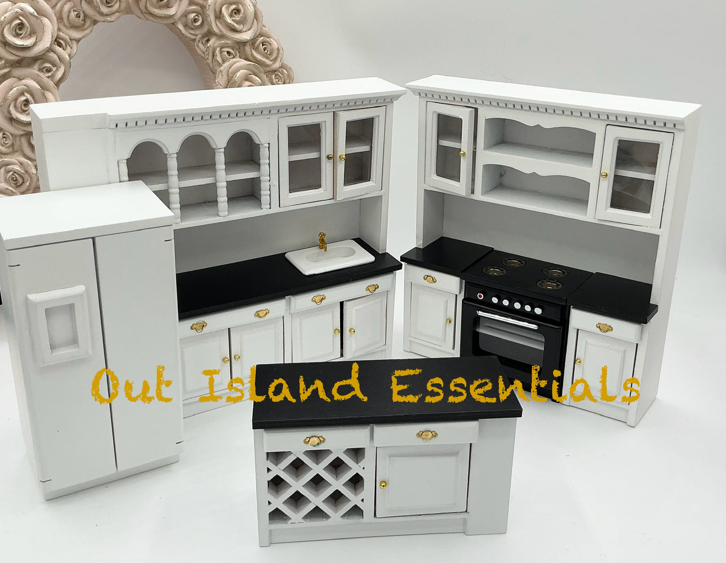 Dollhouse Miniature Complete Kitchen, Black And White Dollhouse Kitchen 1:12 Scale