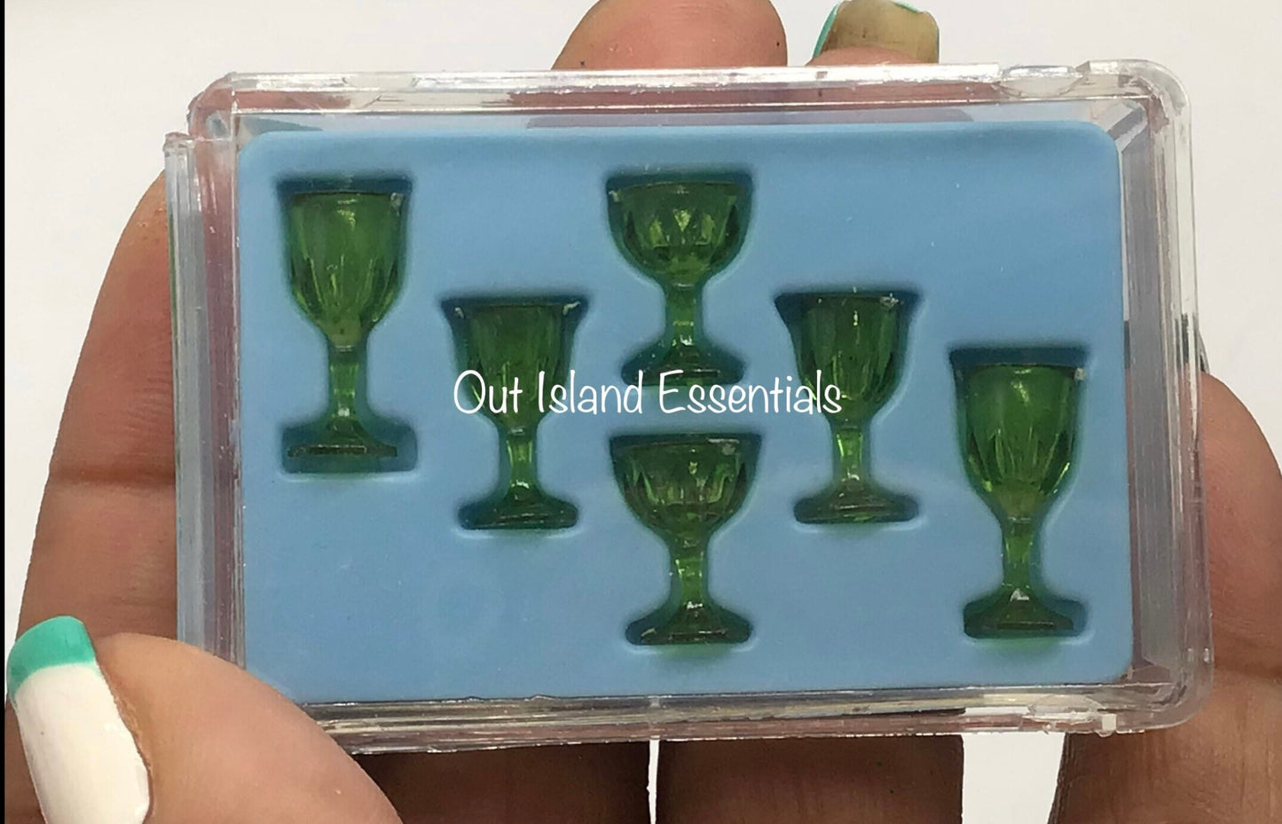 Miniature Stemware Glasses Set Of 6 | Dollhouse Green Cut Glasses I Miniature Doll Glasses I 1:12 Scale Dollhouse Accessories