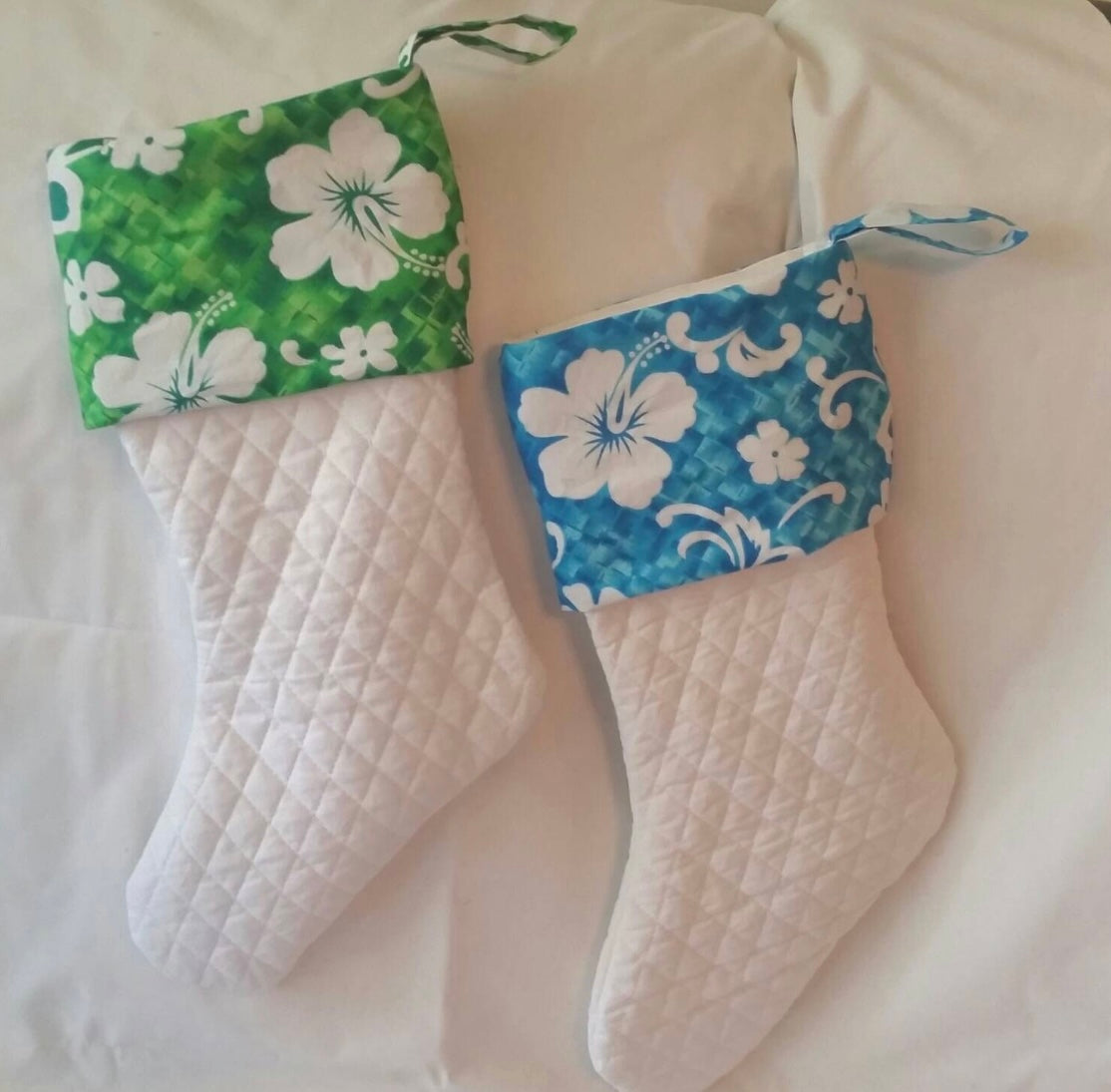 ONE Coastal Christmas! Quilted Christmas Stocking Hibiscus Print Cuff | Island Christmas Stocking | Tropical Hibiscus Christmas Stocking