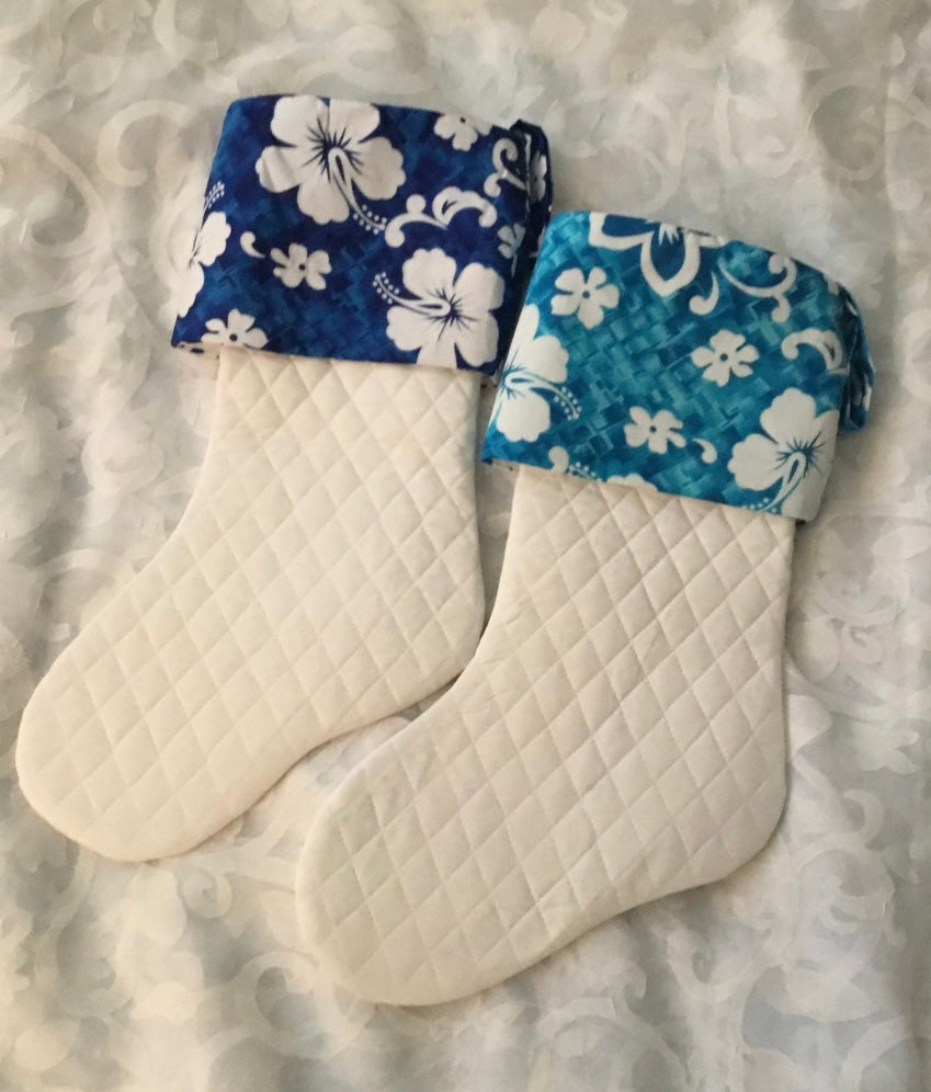 ONE Coastal Christmas! Quilted Christmas Stocking Hibiscus Print Cuff | Island Christmas Stocking | Tropical Hibiscus Christmas Stocking