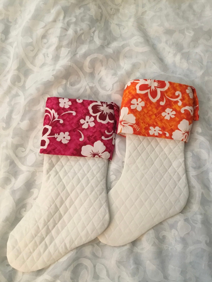ONE Coastal Christmas! Quilted Christmas Stocking Hibiscus Print Cuff | Island Christmas Stocking | Tropical Hibiscus Christmas Stocking