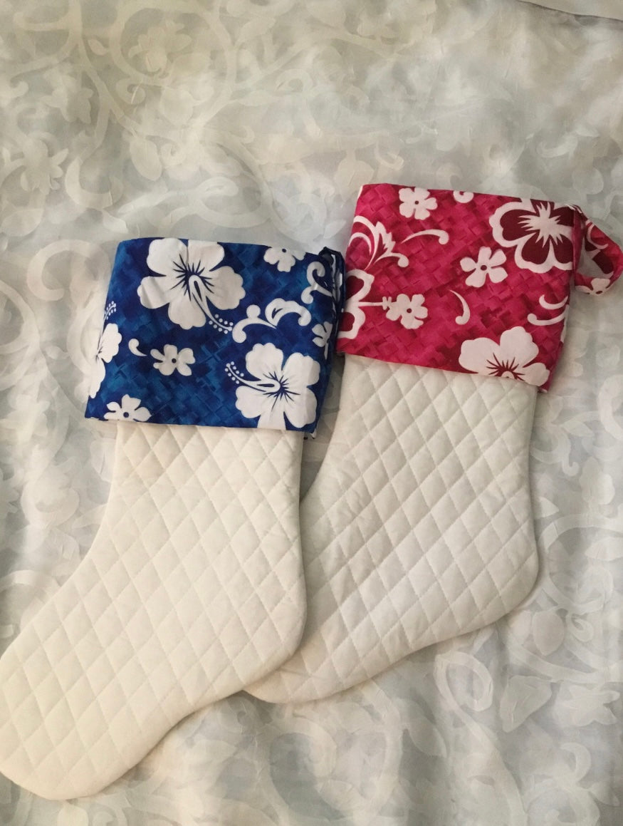 ONE Coastal Christmas! Quilted Christmas Stocking Hibiscus Print Cuff | Island Christmas Stocking | Tropical Hibiscus Christmas Stocking