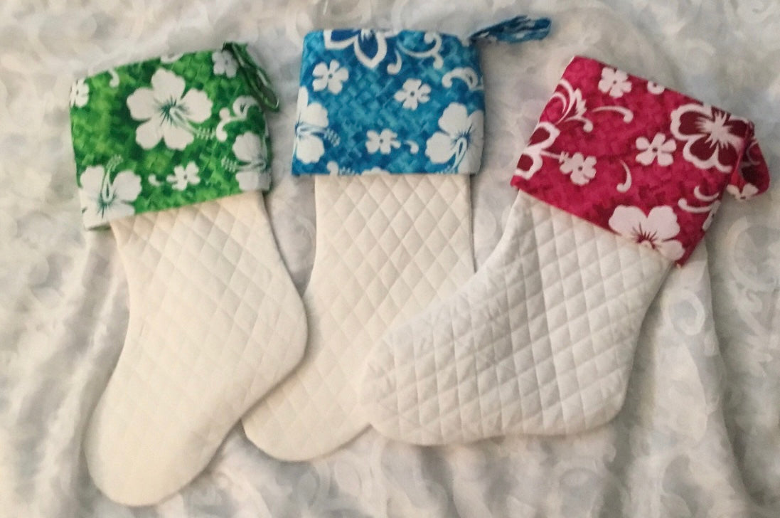 ONE Coastal Christmas! Quilted Christmas Stocking Hibiscus Print Cuff | Island Christmas Stocking | Tropical Hibiscus Christmas Stocking