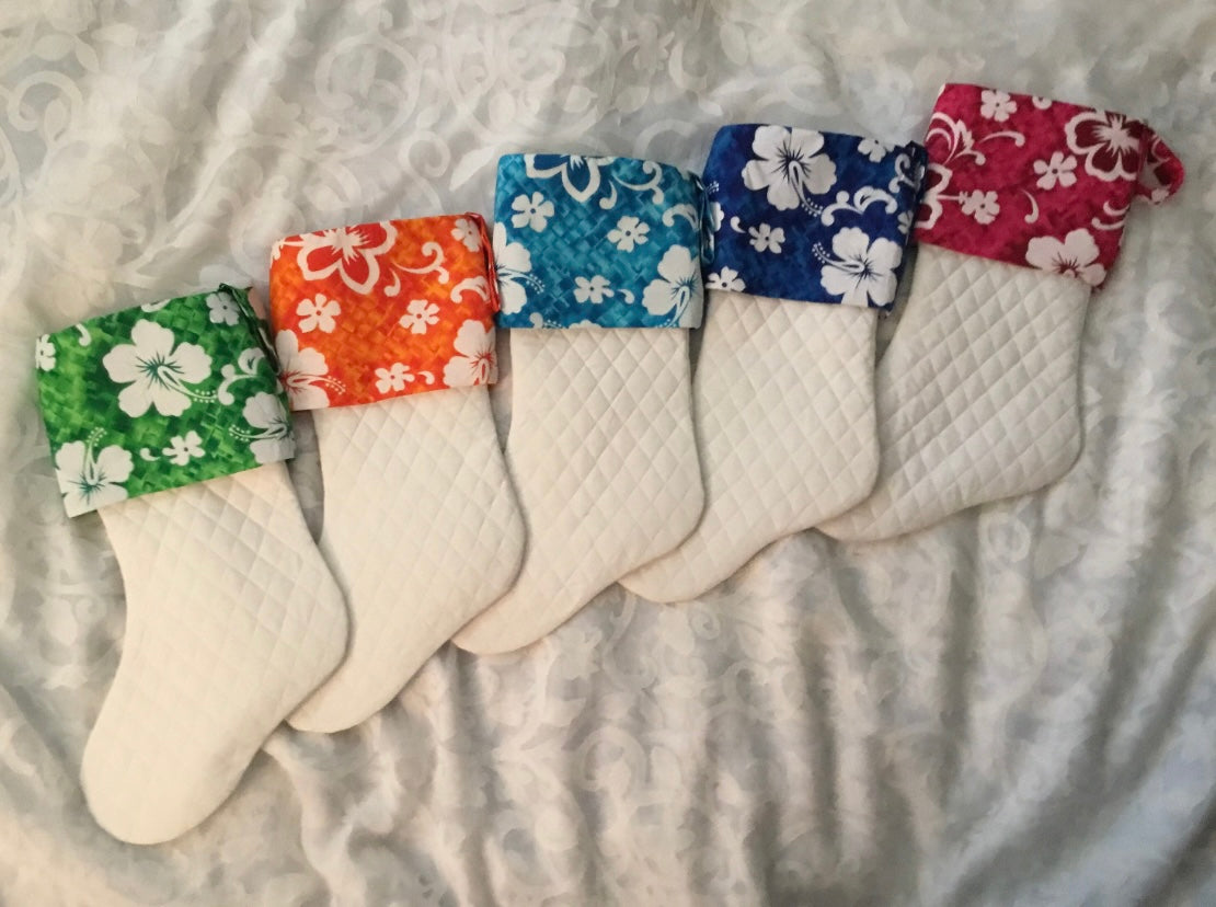 ONE Coastal Christmas! Quilted Christmas Stocking Hibiscus Print Cuff | Island Christmas Stocking | Tropical Hibiscus Christmas Stocking