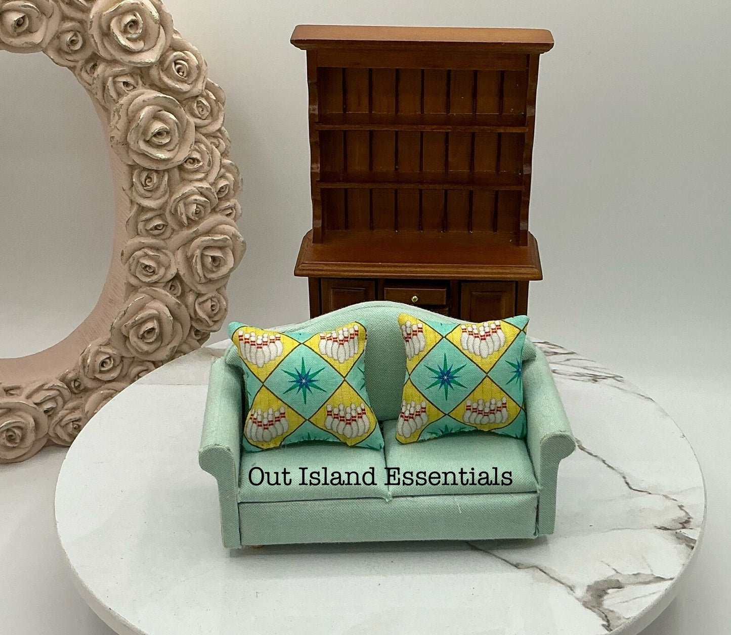 OOAK 1 Pc. Dollhouse Miniature Bowling Pins Pillow Handmade Bowling Pillow Miniature 1:12 Scale Dollhouse Bowling Pillow