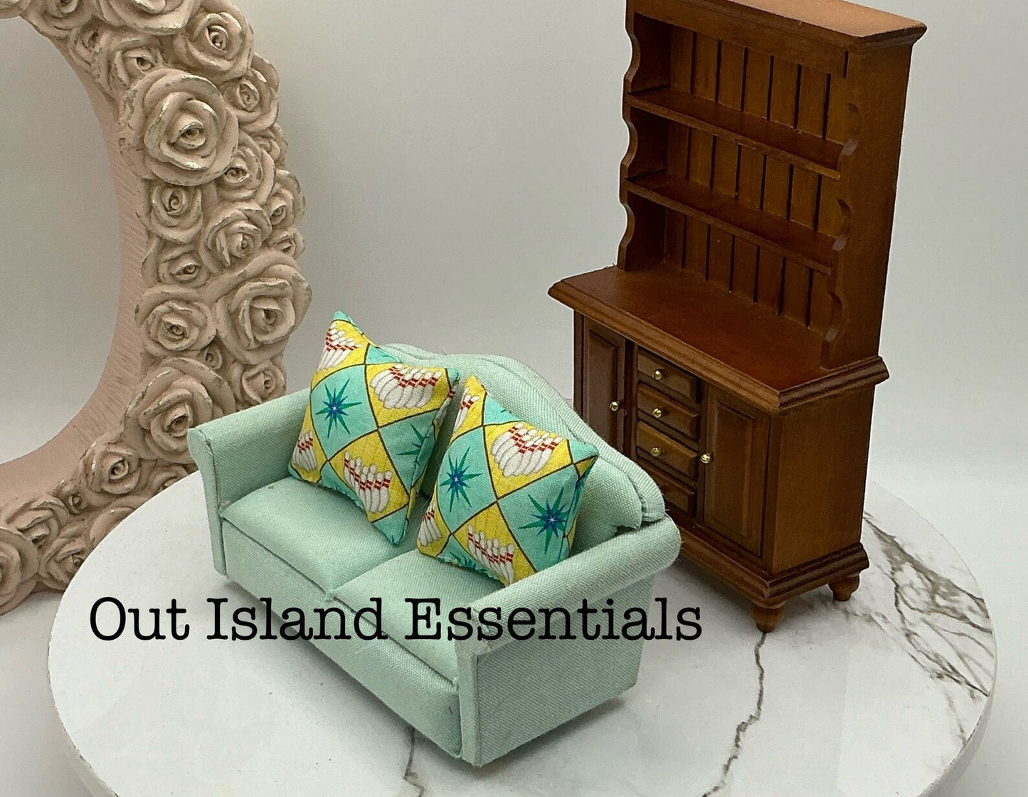 OOAK 1 Pc. Dollhouse Miniature Bowling Pins Pillow Handmade Bowling Pillow Miniature 1:12 Scale Dollhouse Bowling Pillow