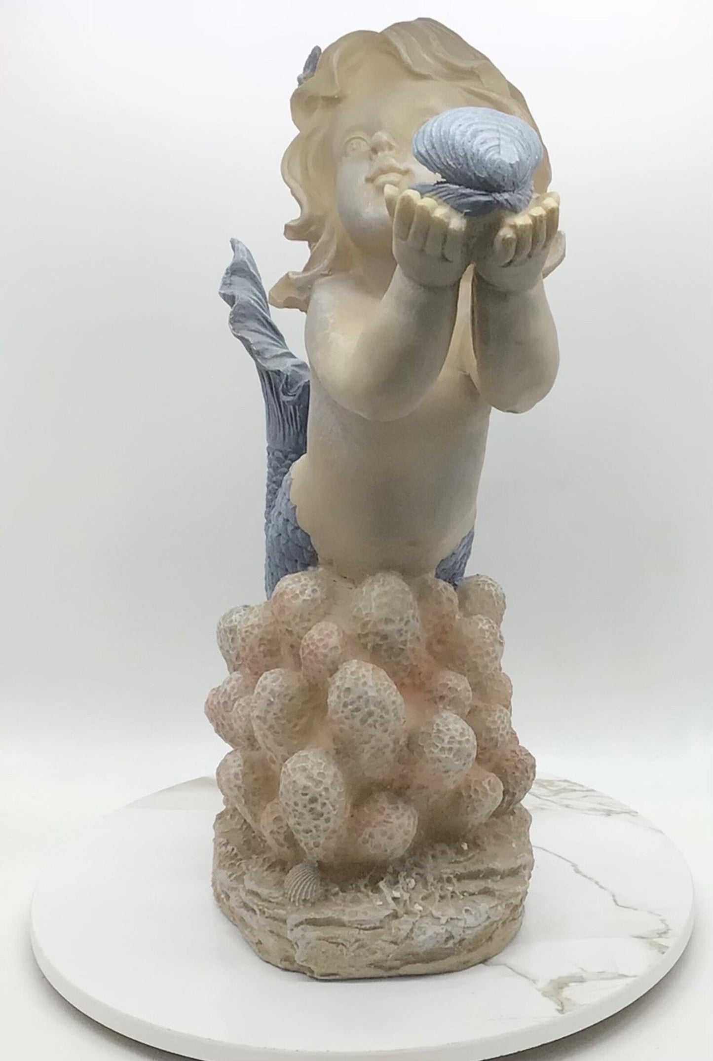 MerGirl Statue, 13 Inches Large Pearl Holding Mermaid, Mermaid On A Coral
