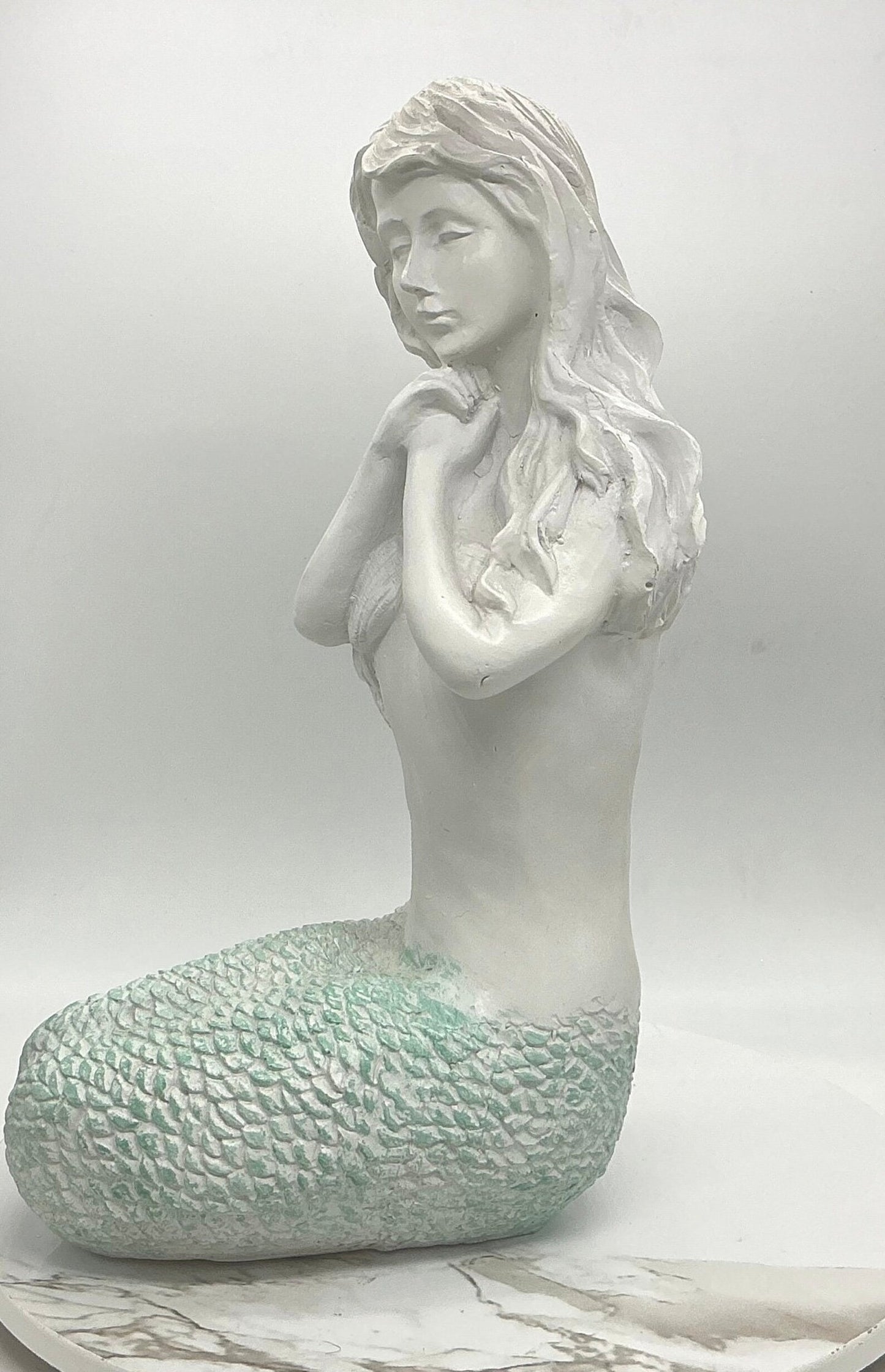 12" Sitting Mermaid Statue, Daydreaming Mermaid, Kneeling Mermaid Decoration
