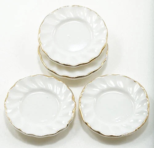 4 Pc. Miniature Gold Edge Fluted Plates, Dollhouse Elegant Gold And White Plates 1:12 Scale