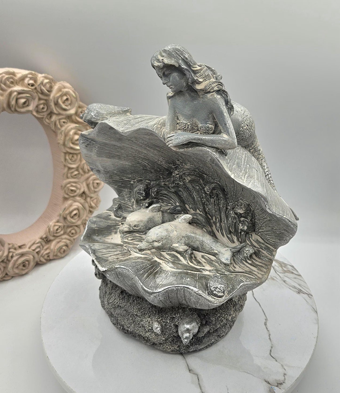 Mermaid And Dolphins I Dolphins In A Clam I Gray Washed Mermaid Decoration