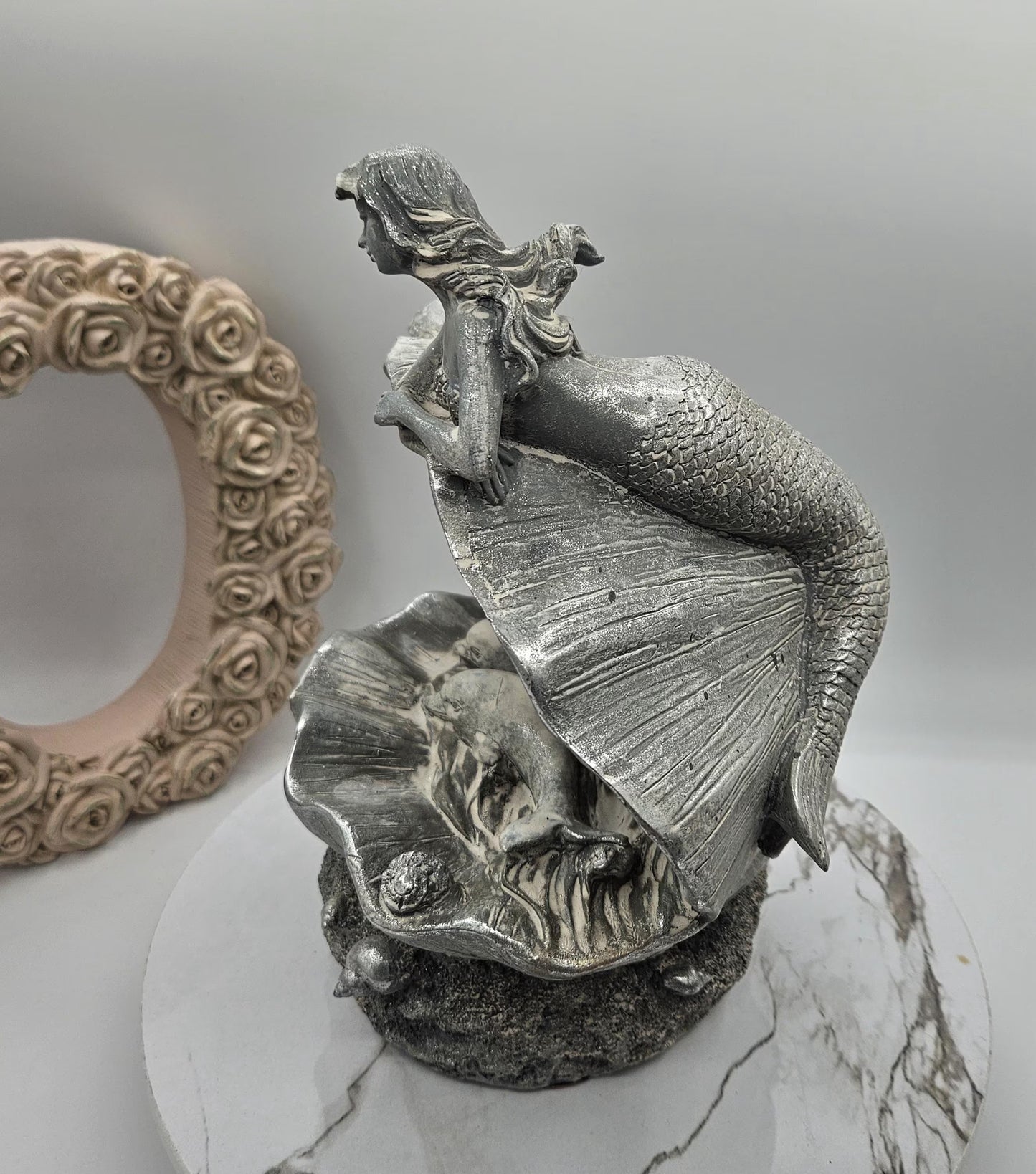Mermaid And Dolphins I Dolphins In A Clam I Gray Washed Mermaid Decoration