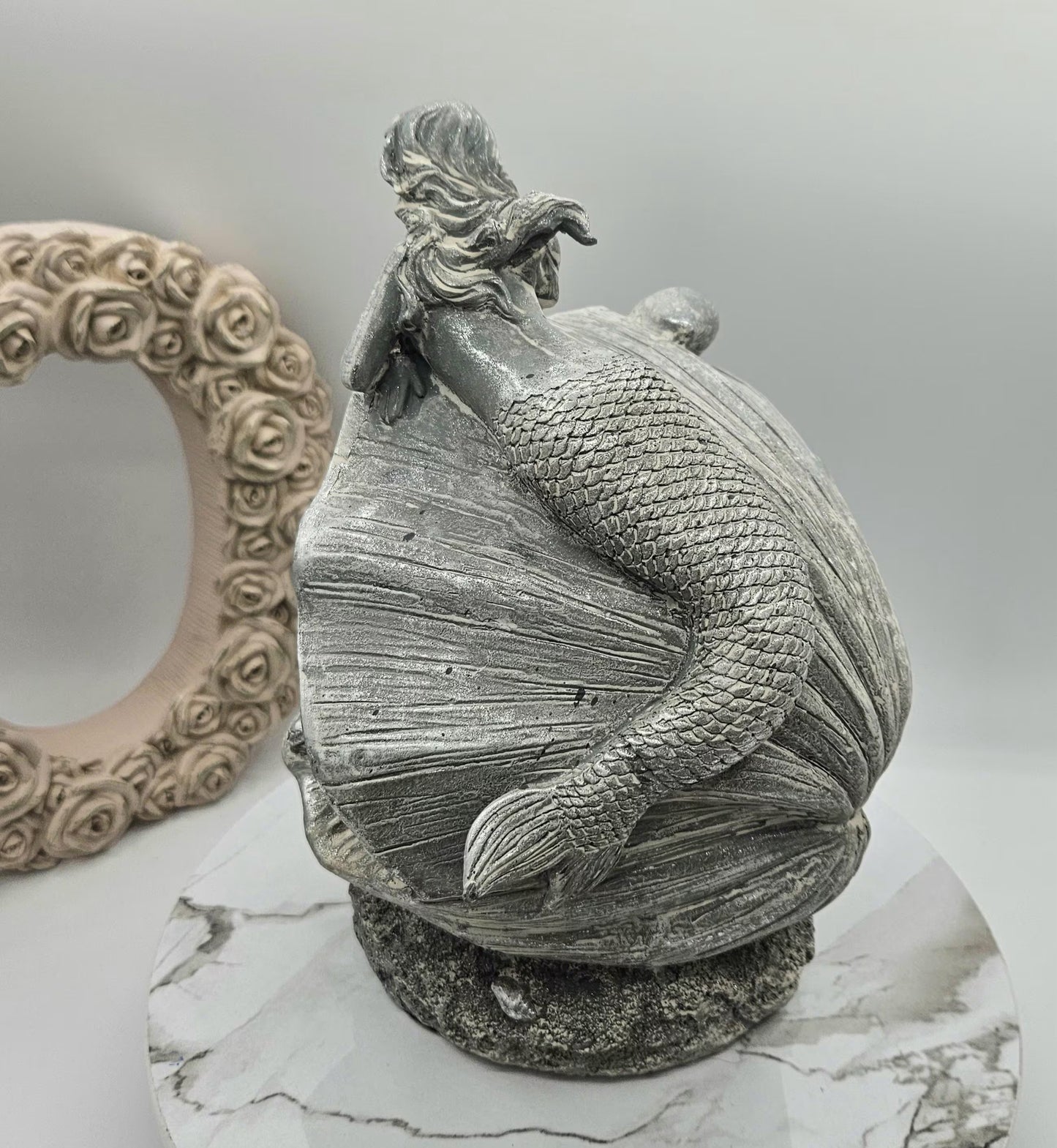 Mermaid And Dolphins I Dolphins In A Clam I Gray Washed Mermaid Decoration