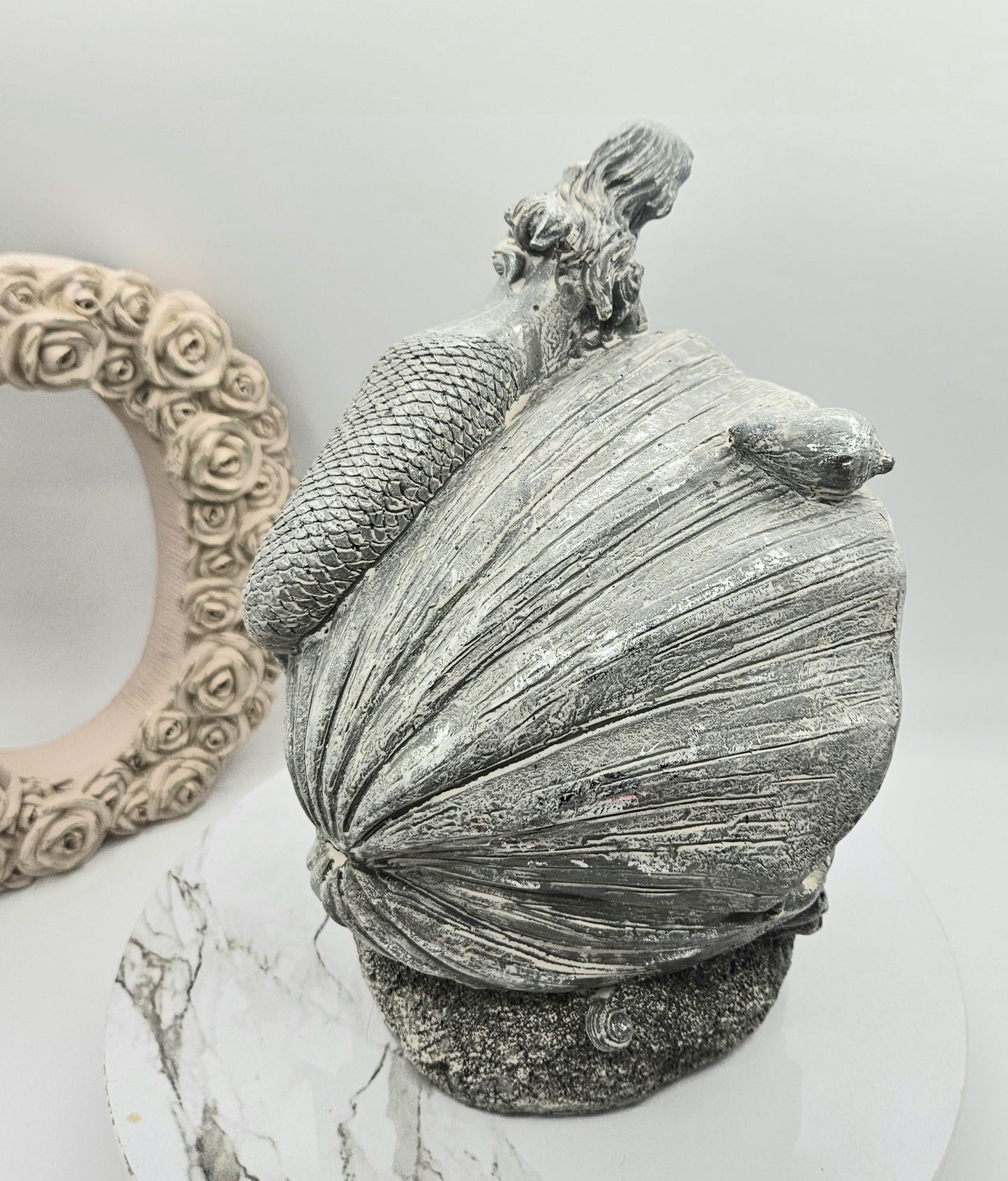 Mermaid And Dolphins I Dolphins In A Clam I Gray Washed Mermaid Decoration