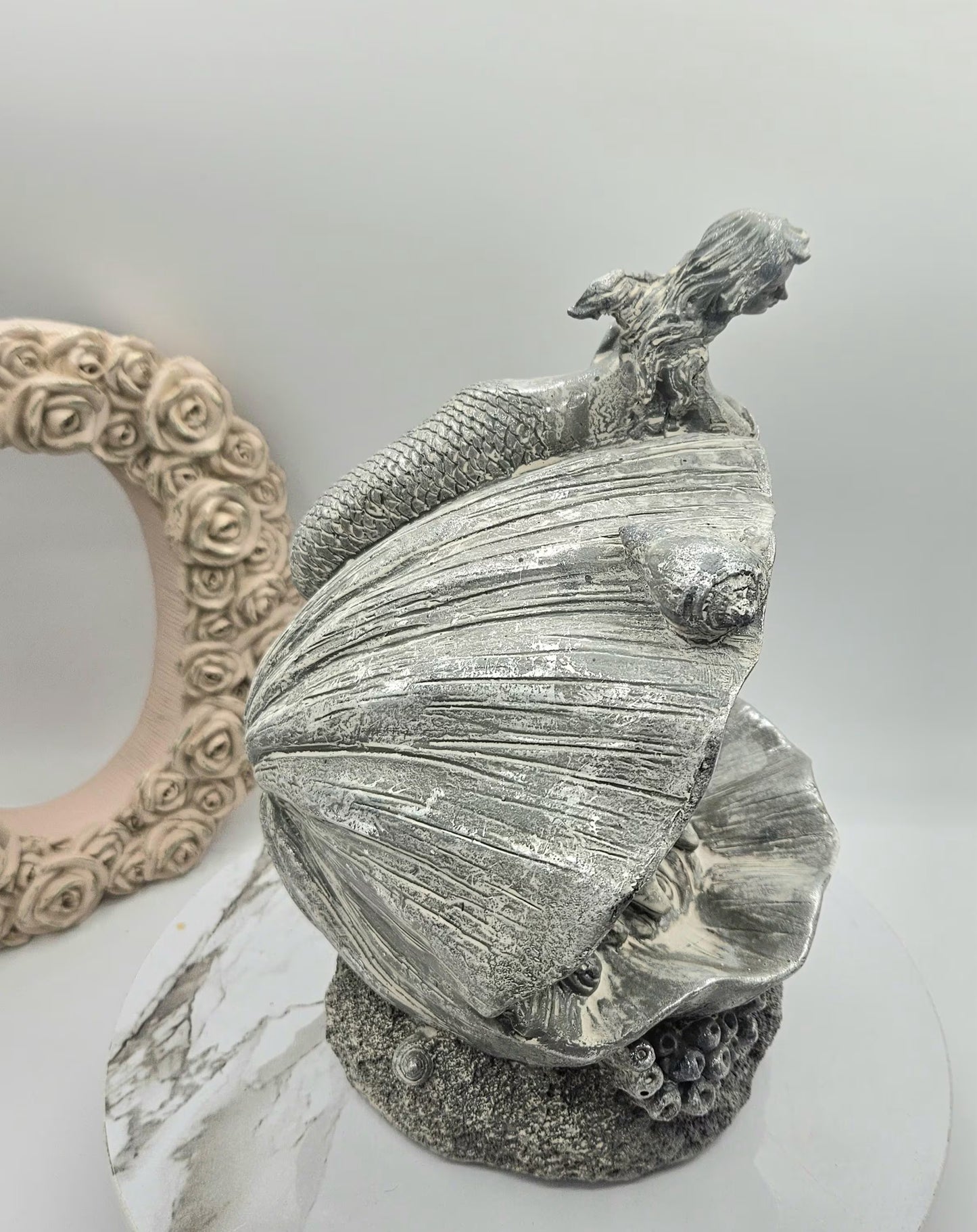 Mermaid And Dolphins I Dolphins In A Clam I Gray Washed Mermaid Decoration