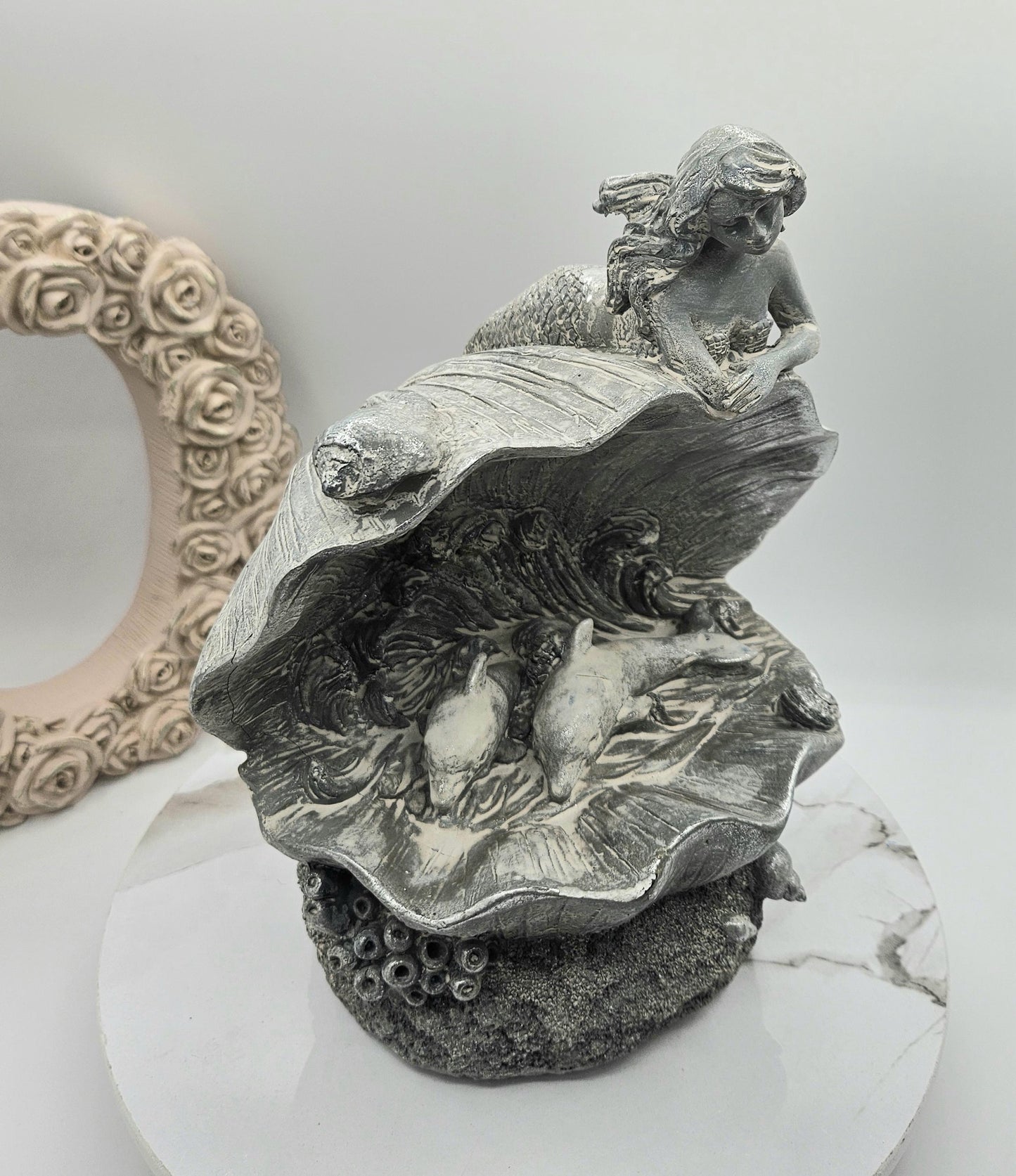 Mermaid And Dolphins I Dolphins In A Clam I Gray Washed Mermaid Decoration