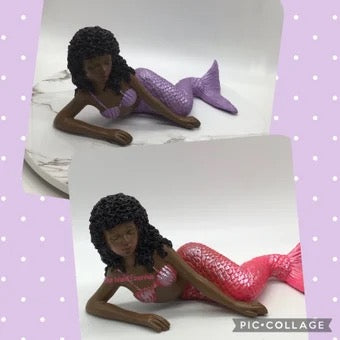 Side Laying Brown Mermaid Statue | Black Mermaid Decoration | Daydreaming Mermaid | Little Brown Mermaid