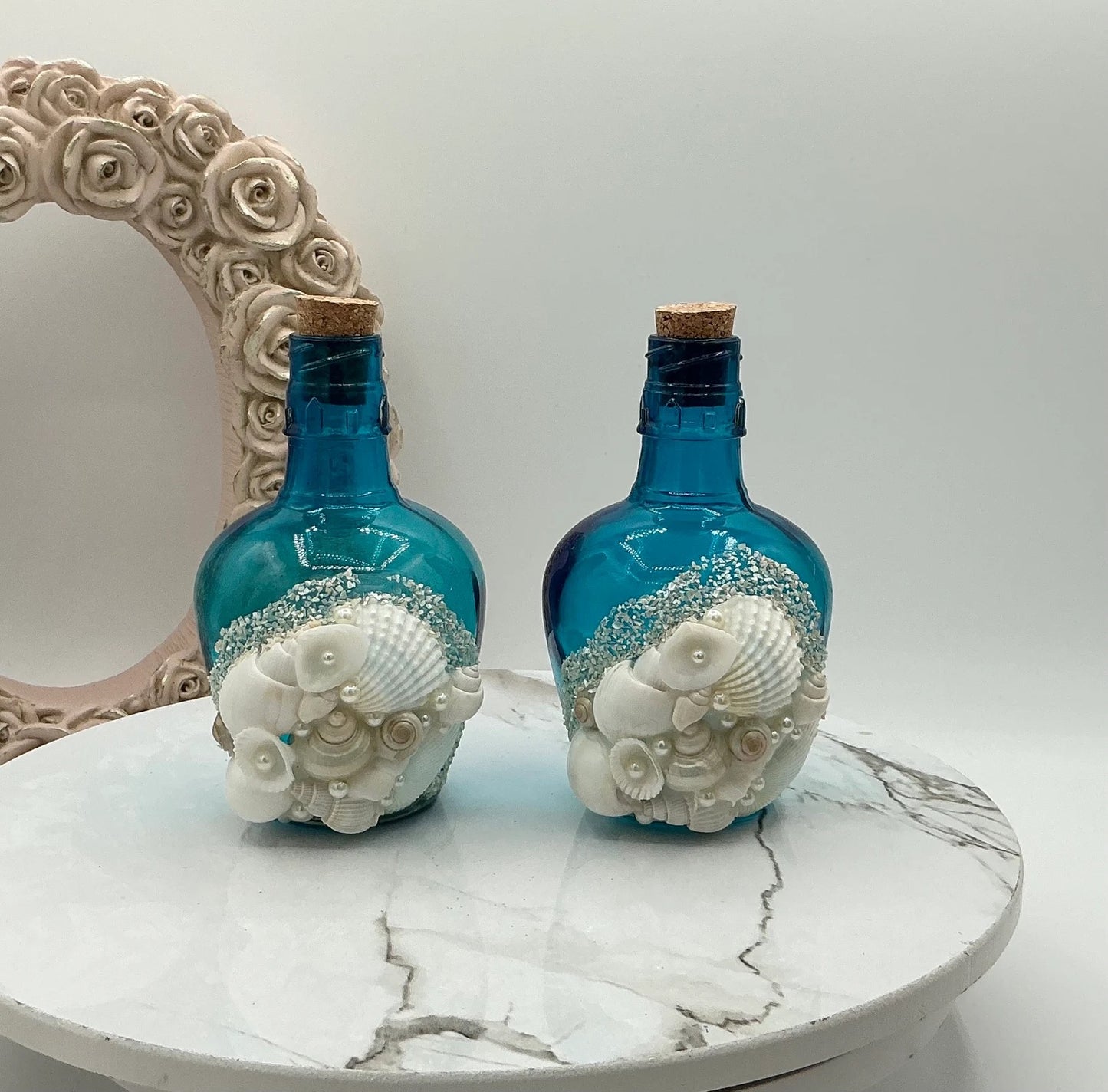 Bahama Blue Bottle with Shells 5" I Coastal Decor Bottle With Cork
