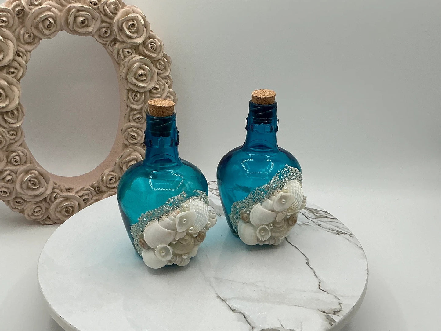 Bahama Blue Bottle with Shells 5" I Coastal Decor Bottle With Cork