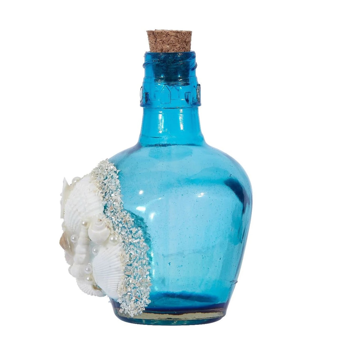 Bahama Blue Bottle with Shells 5" I Coastal Decor Bottle With Cork