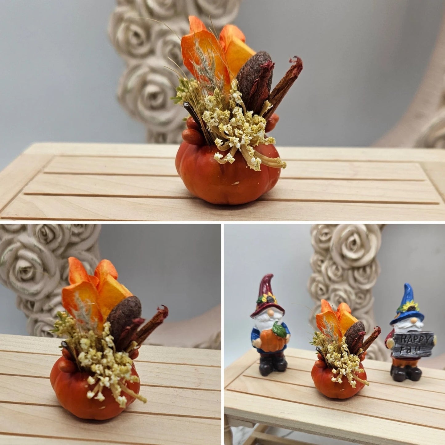 OOAK Miniature Pumpkin with Floral Arrangement I Miniature Fall Centerpiece I Miniature Dollhouse Fall Decor 1:12 Scale