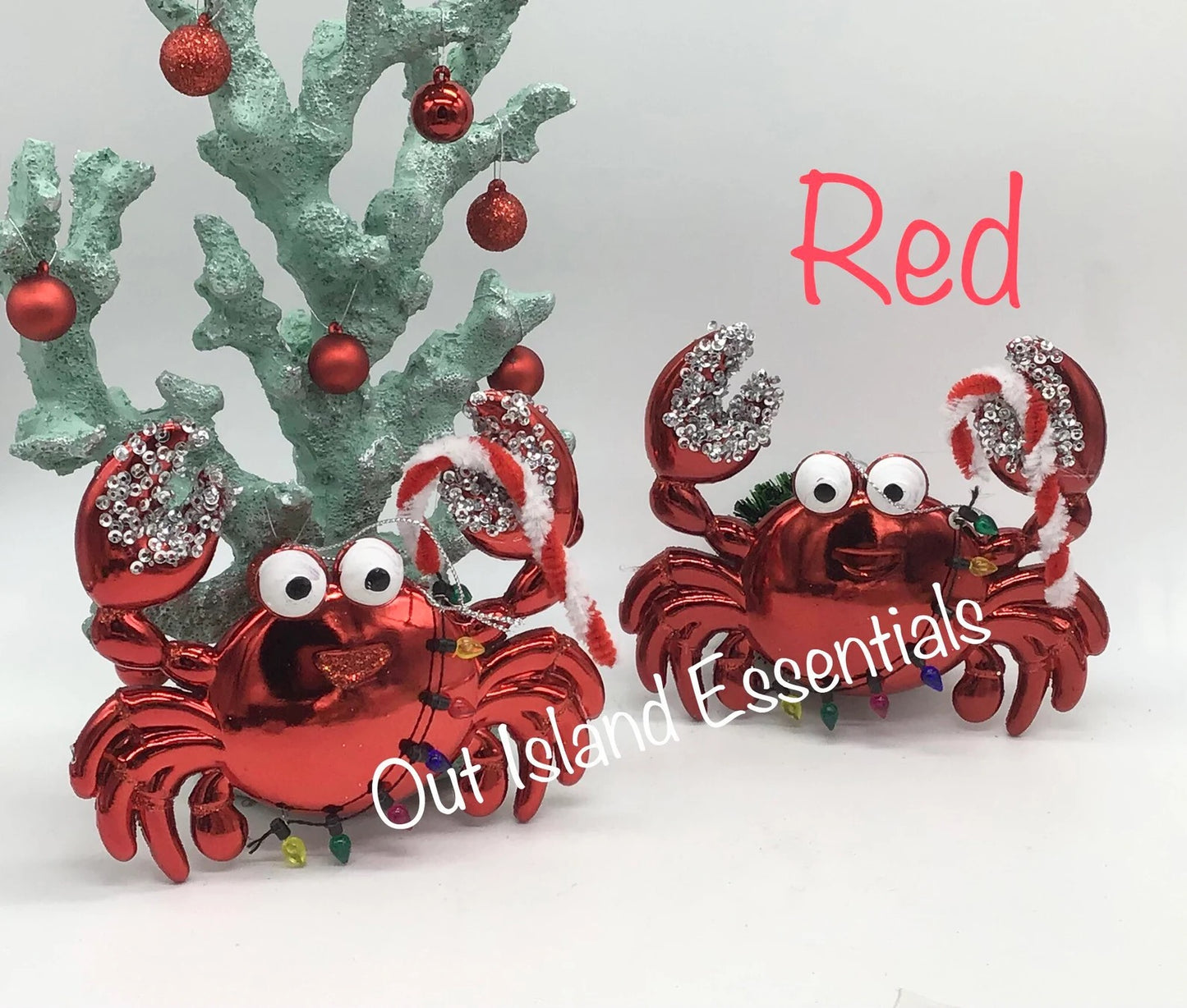 Whimsical Glitter Crab Ornament Cute Crab Ornaments I Coastal Crab Tangled In Lights Ornaments