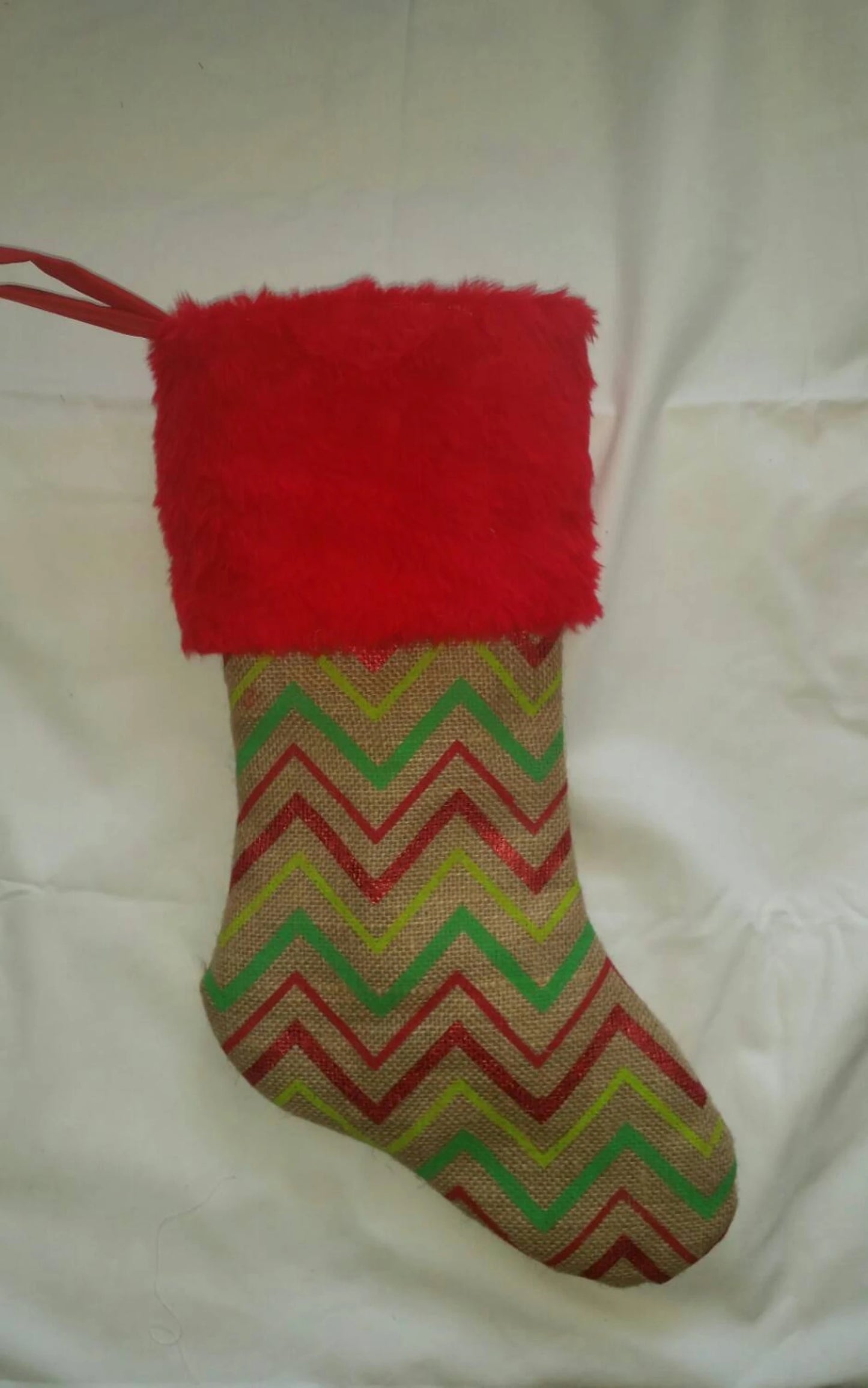 Christmas Stocking, Natural Burlap With Stripes Christmas Stocking With Red Fur Cuff