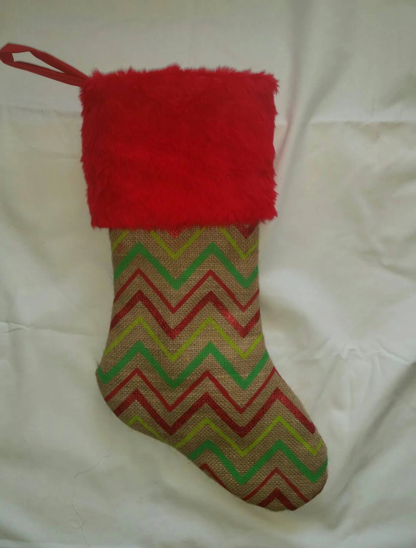 Christmas Stocking, Natural Burlap With Stripes Christmas Stocking With Red Fur Cuff