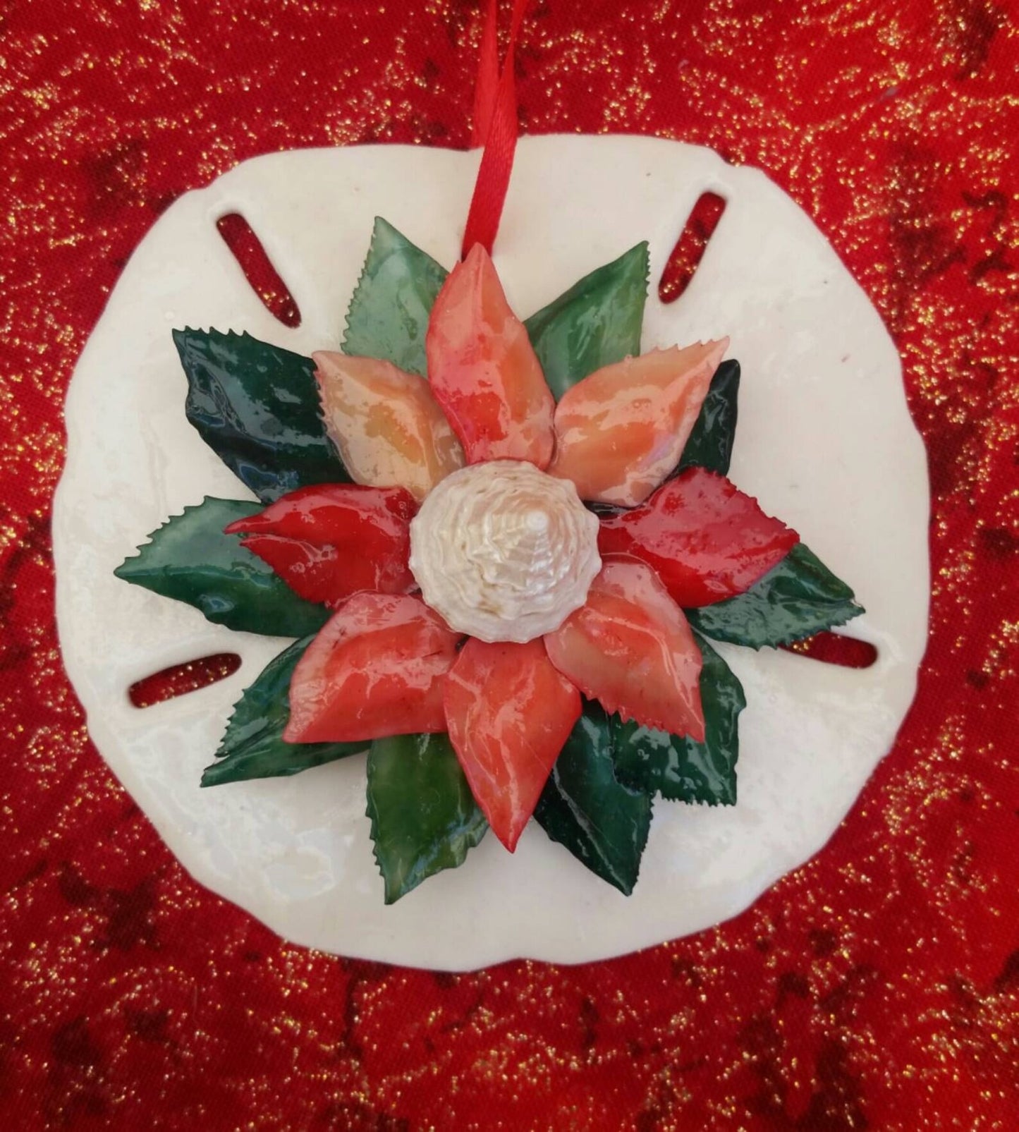 OOAK Poinsettia Sand Dollar Christmas Ornament, Sanddollar Christmas Ornaments, Seashell Christmas Ornaments
