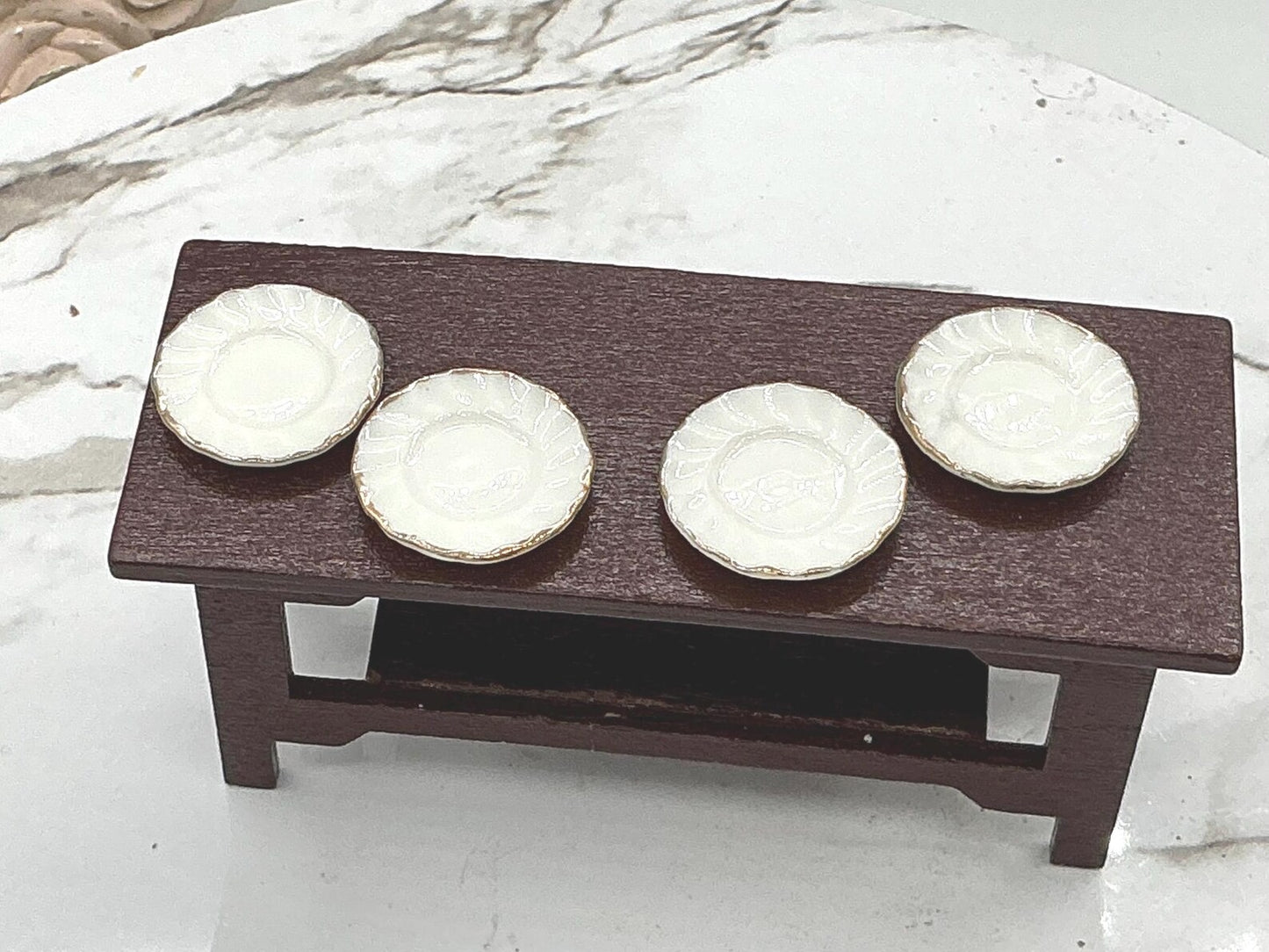 4 Pc. Miniature Gold Edge Fluted Plates, Dollhouse Elegant Gold And White Plates 1:12 Scale