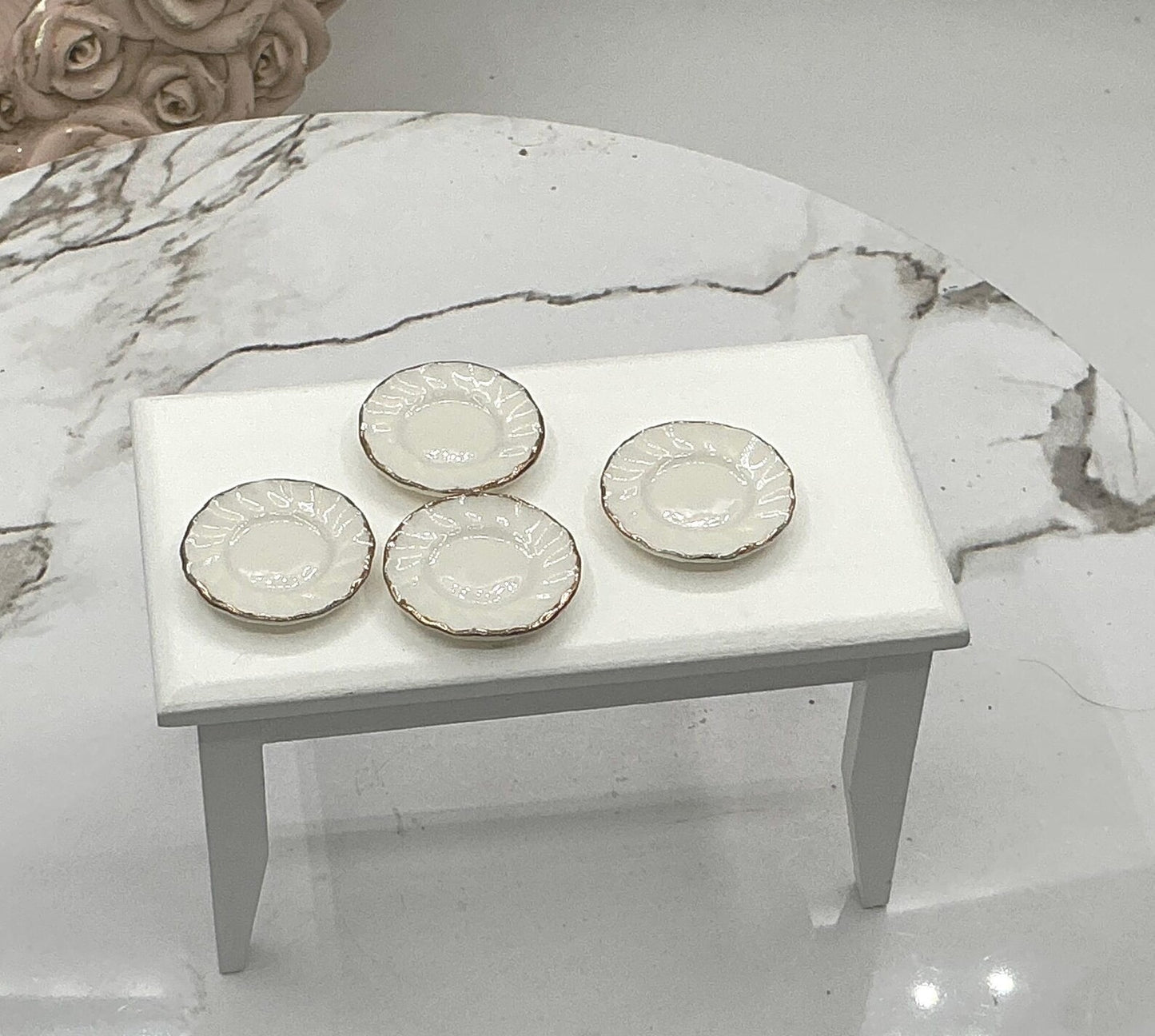 4 Pc. Miniature Gold Edge Fluted Plates, Dollhouse Elegant Gold And White Plates 1:12 Scale