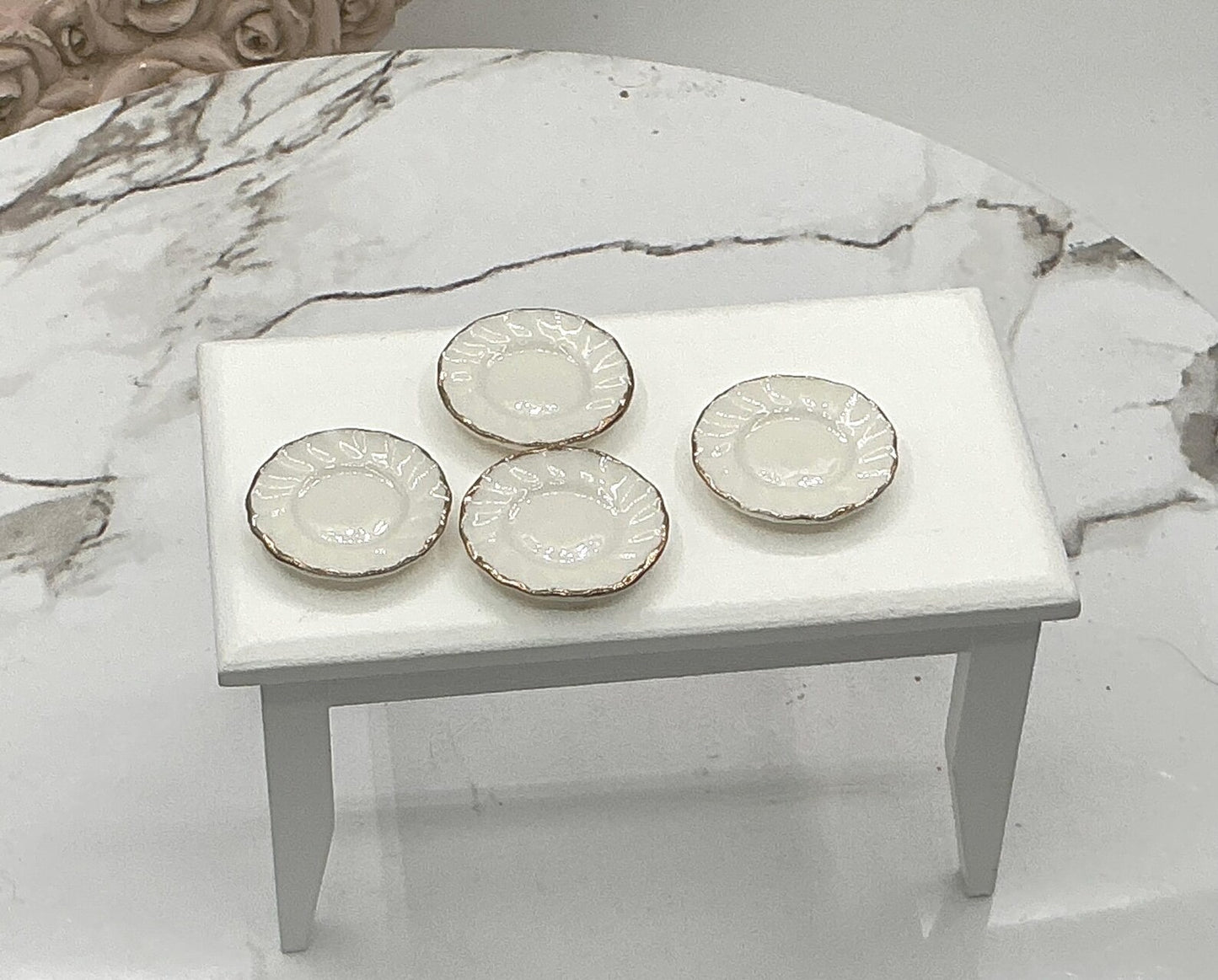 4 Pc. Miniature Gold Edge Fluted Plates, Dollhouse Elegant Gold And White Plates 1:12 Scale