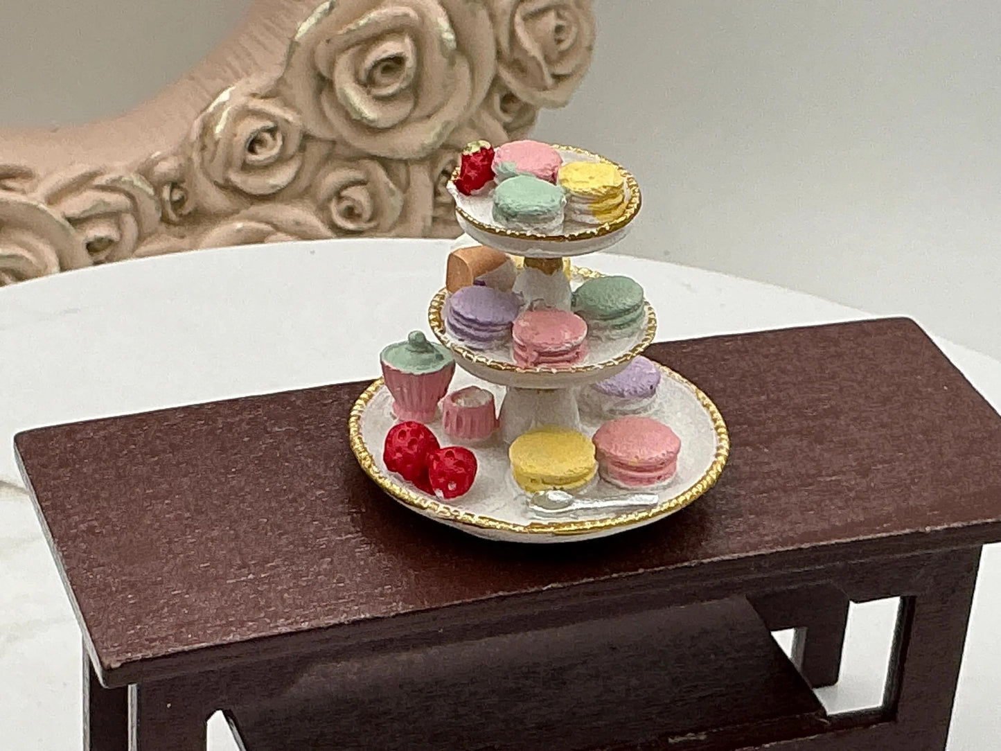 Dollhouse Miniature Tea Party Miniature Macaron And Tea Tiered Tray Miniature Spring Tea Party 1:12 Scale