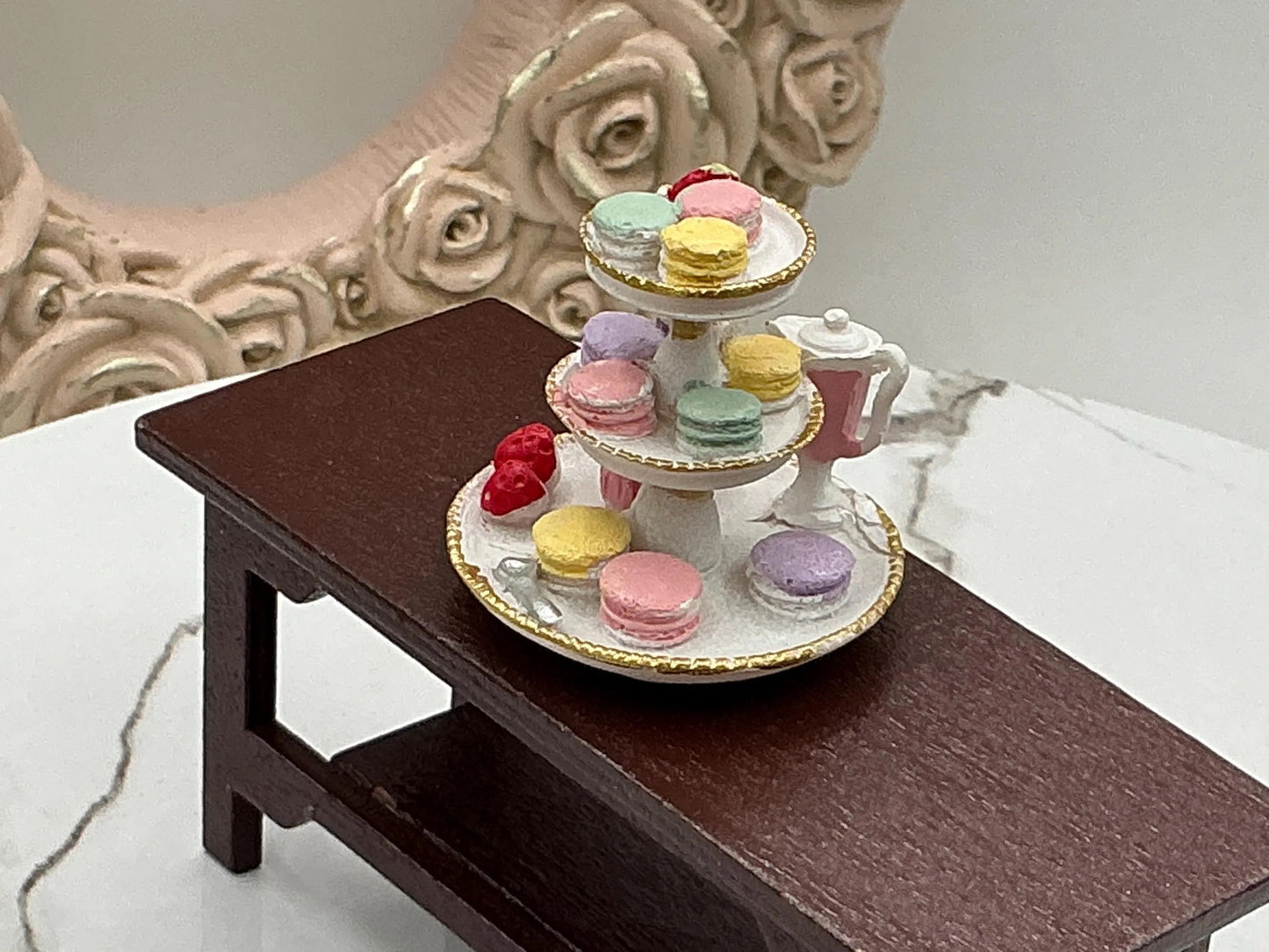 Dollhouse Miniature Tea Party Miniature Macaron And Tea Tiered Tray Miniature Spring Tea Party 1:12 Scale