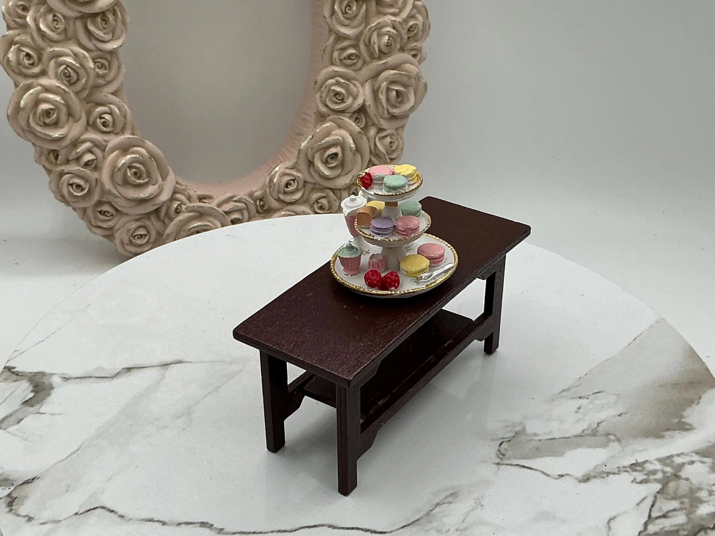 Dollhouse Miniature Tea Party Miniature Macaron And Tea Tiered Tray Miniature Spring Tea Party 1:12 Scale