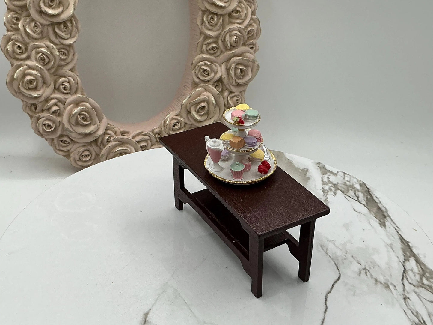 Dollhouse Miniature Tea Party Miniature Macaron And Tea Tiered Tray Miniature Spring Tea Party 1:12 Scale