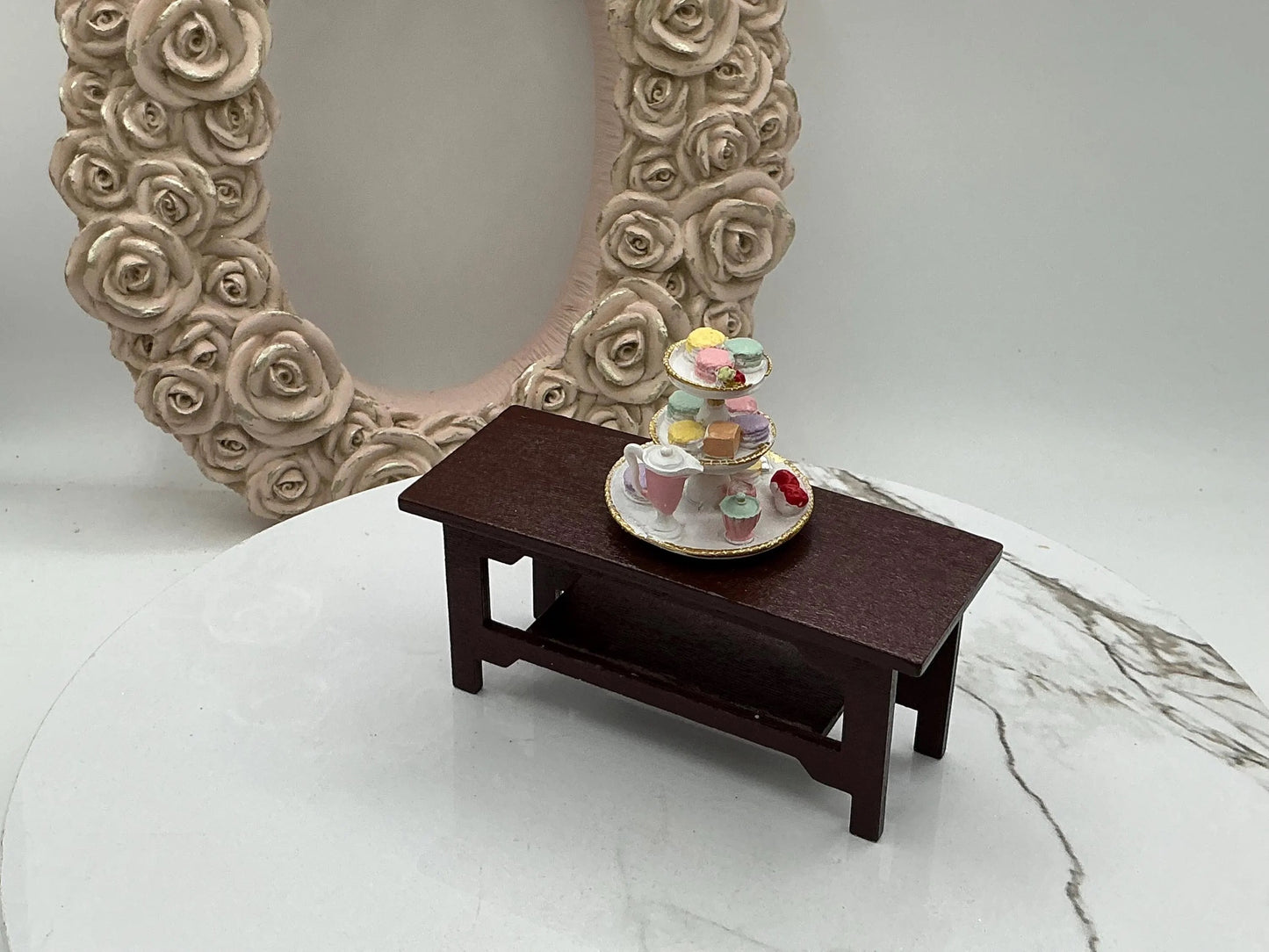 Dollhouse Miniature Tea Party Miniature Macaron And Tea Tiered Tray Miniature Spring Tea Party 1:12 Scale