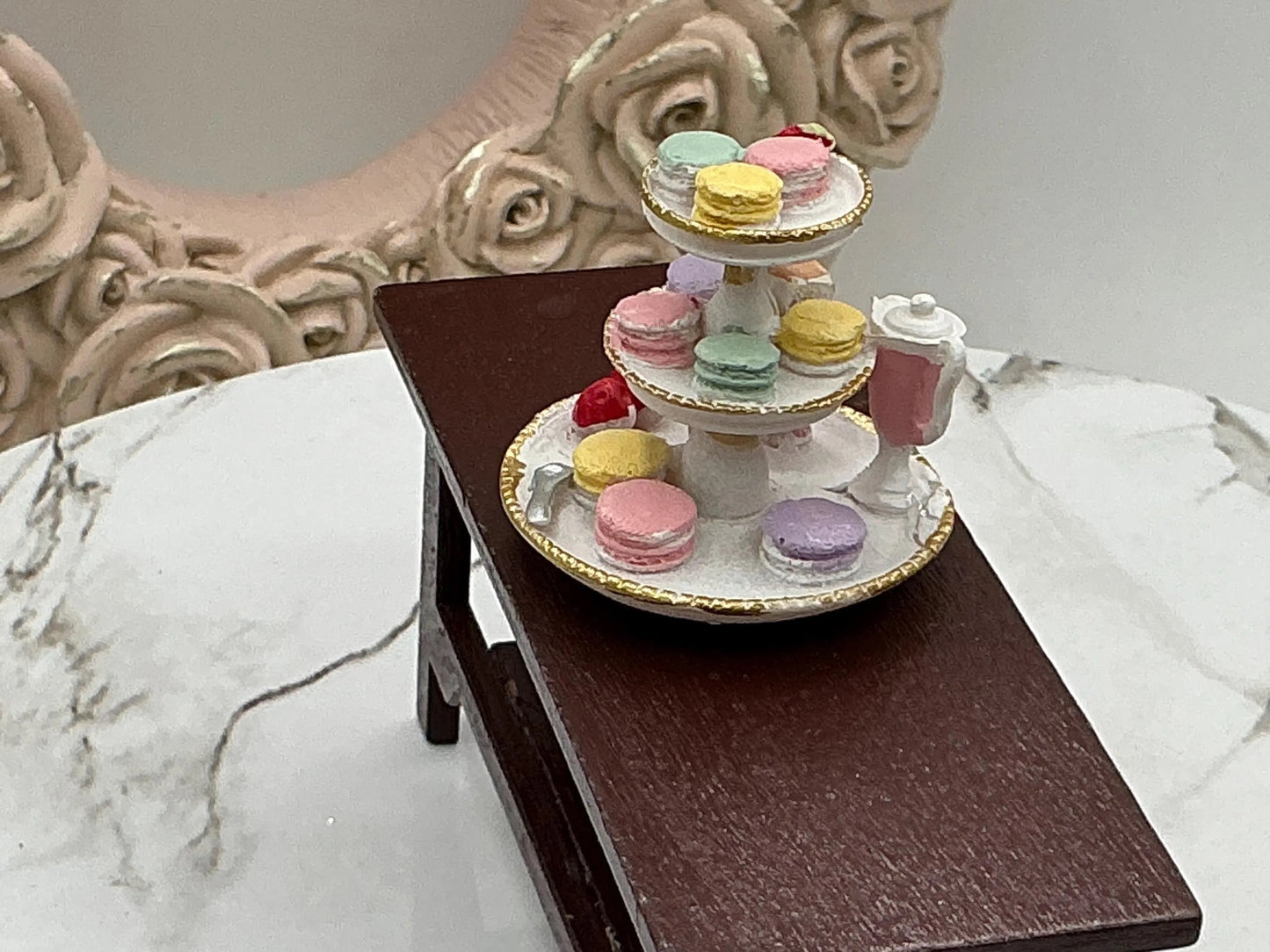 Dollhouse Miniature Tea Party Miniature Macaron And Tea Tiered Tray Miniature Spring Tea Party 1:12 Scale