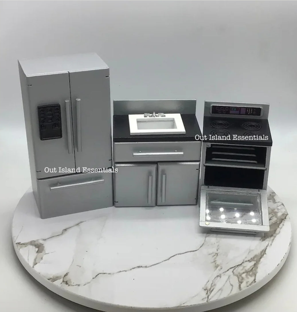 3pc Miniature Stainless Steel Kitchen Appliances I Dollhouse Miniature Kitchen I Kitchen Essentials I Miniature 1:12 Scale Kitchen