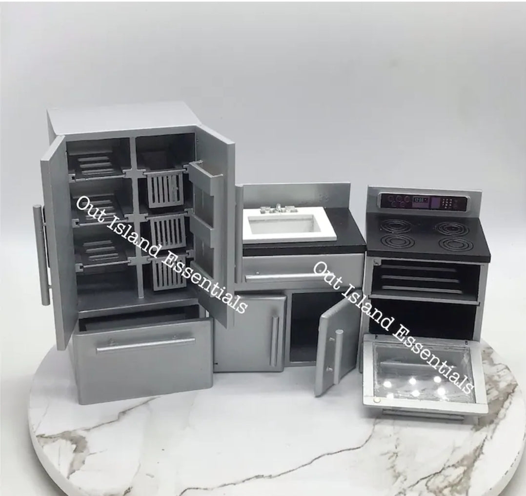 3pc Miniature Stainless Steel Kitchen Appliances I Dollhouse Miniature Kitchen I Kitchen Essentials I Miniature 1:12 Scale Kitchen