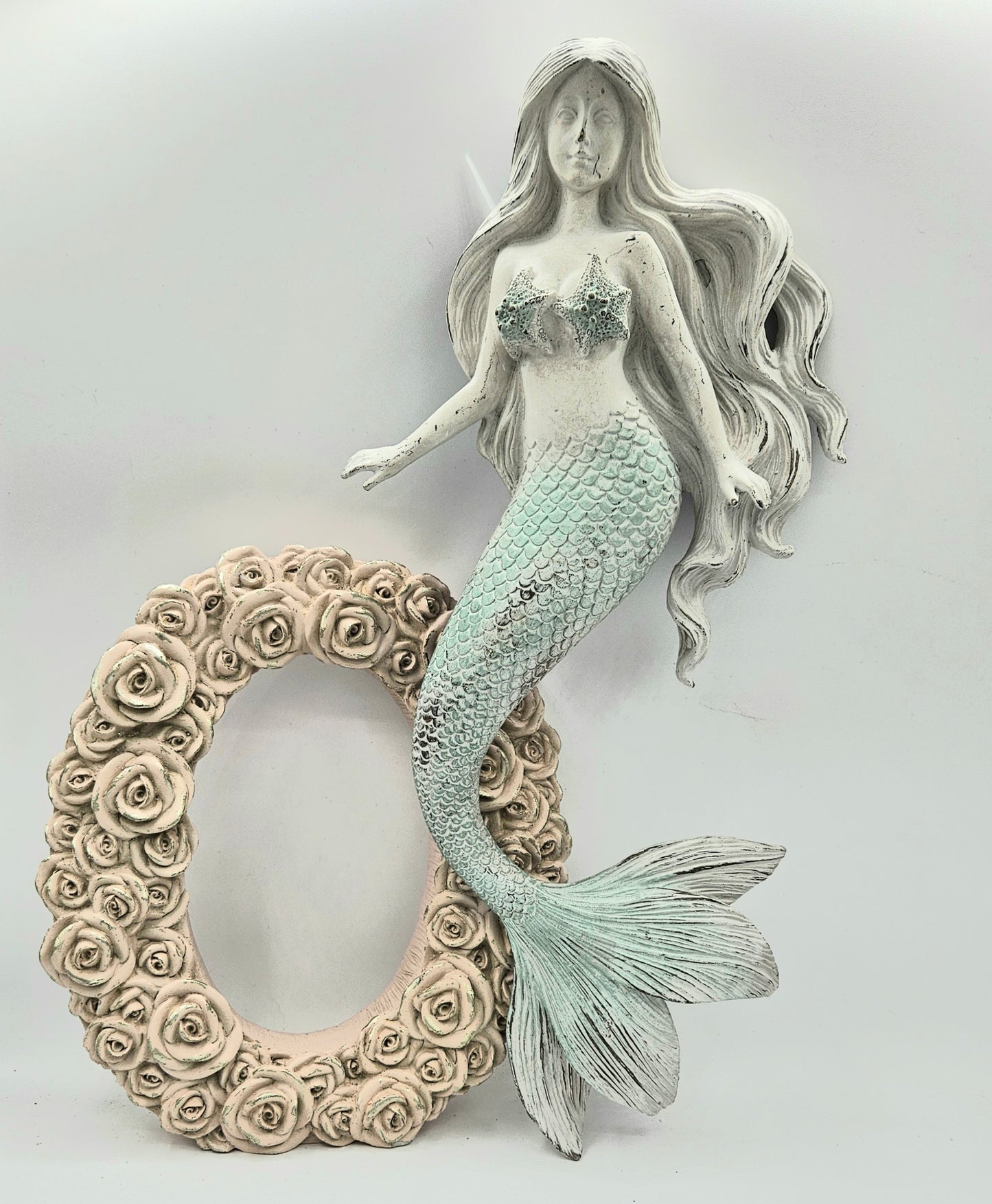16" Rustic Light Blue Tail Mermaid Wall Decoration, Fancy Tail Wall Hanging Mermaid