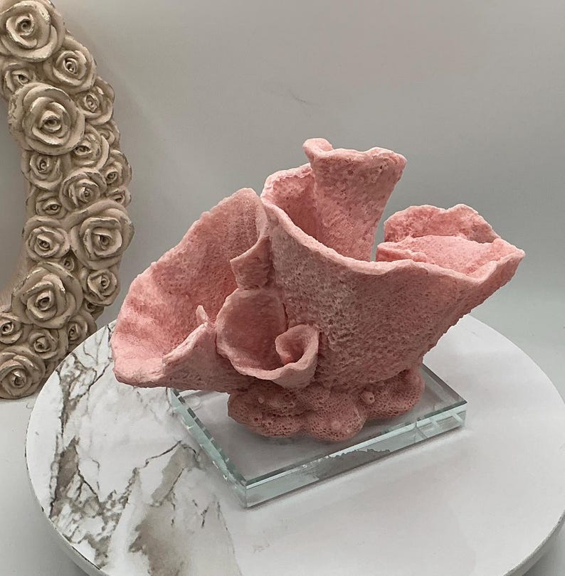 aux Pink Cup Coral Display | Coral Decoration | Eco Friendly Coral | Display Coral On Glass Block | Faux Coral Decor With Clear Glass Base
