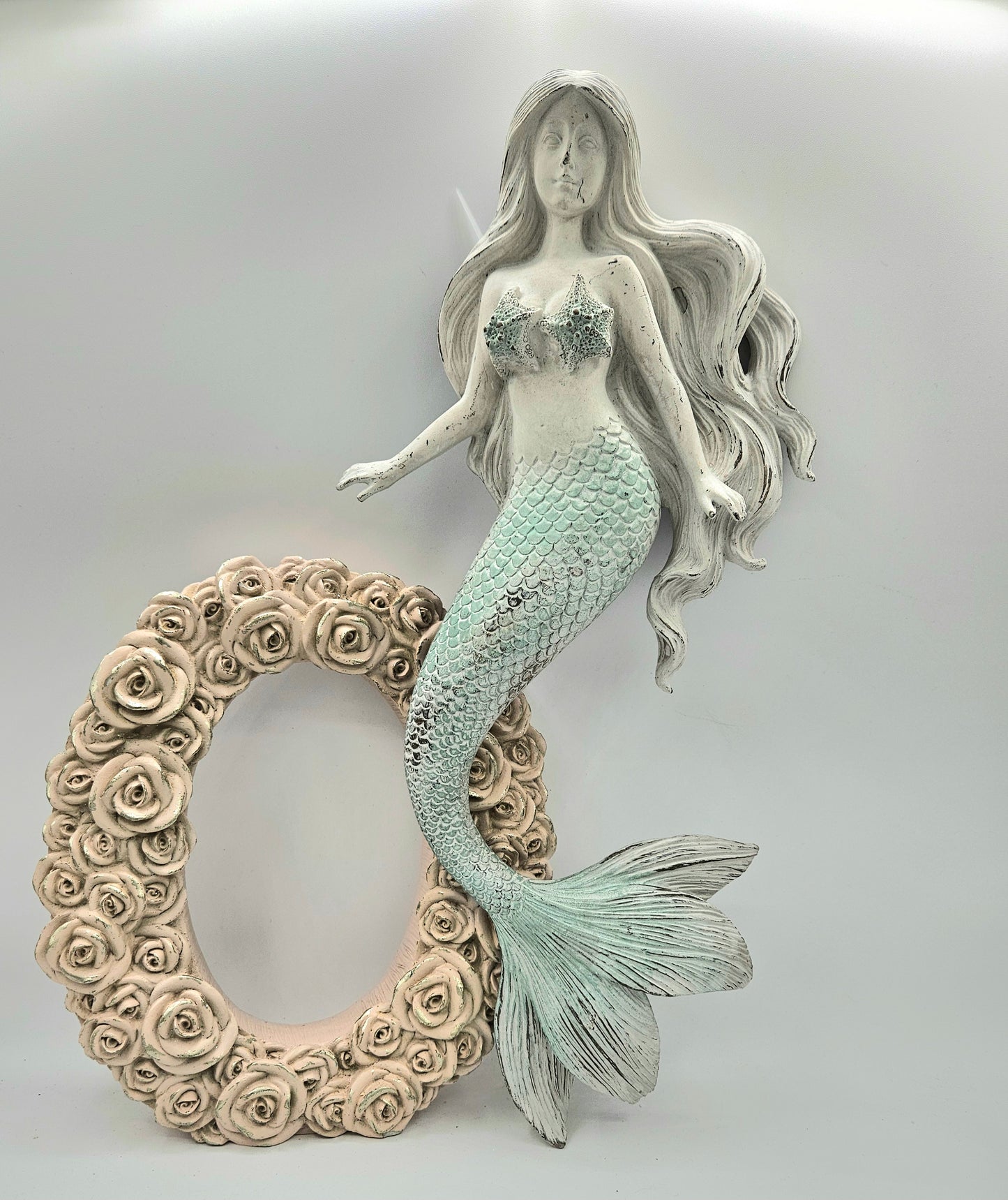 16" Rustic Light Blue Tail Mermaid Wall Decoration, Fancy Tail Wall Hanging Mermaid