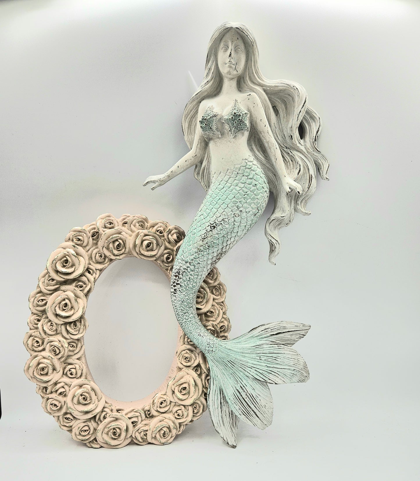 16" Rustic Light Blue Tail Mermaid Wall Decoration, Fancy Tail Wall Hanging Mermaid