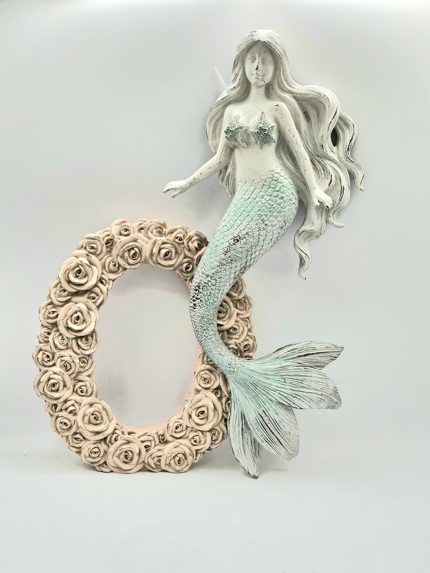 16" Rustic Light Blue Tail Mermaid Wall Decoration, Fancy Tail Wall Hanging Mermaid