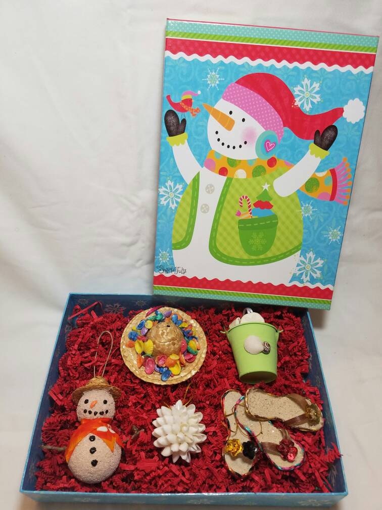 7 Pack Gift Box of Assorted Christmas ornaments, Seashell Christmas Ornament Gift, Coastal Gift, Coastal Christmas Gift